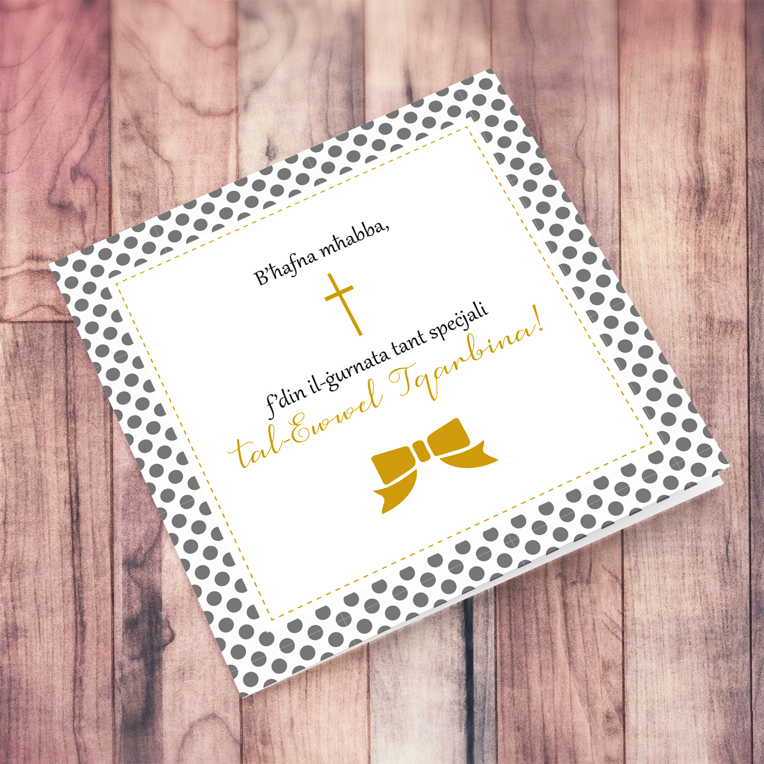 Polka dot background with gold tones Holy Communion Card for Girls