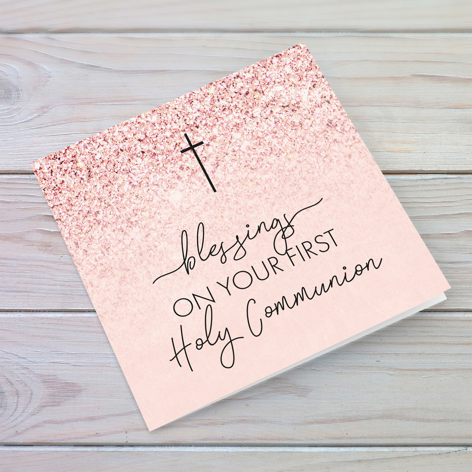 Pink Glitter with cross Holy Communion card for girls in English