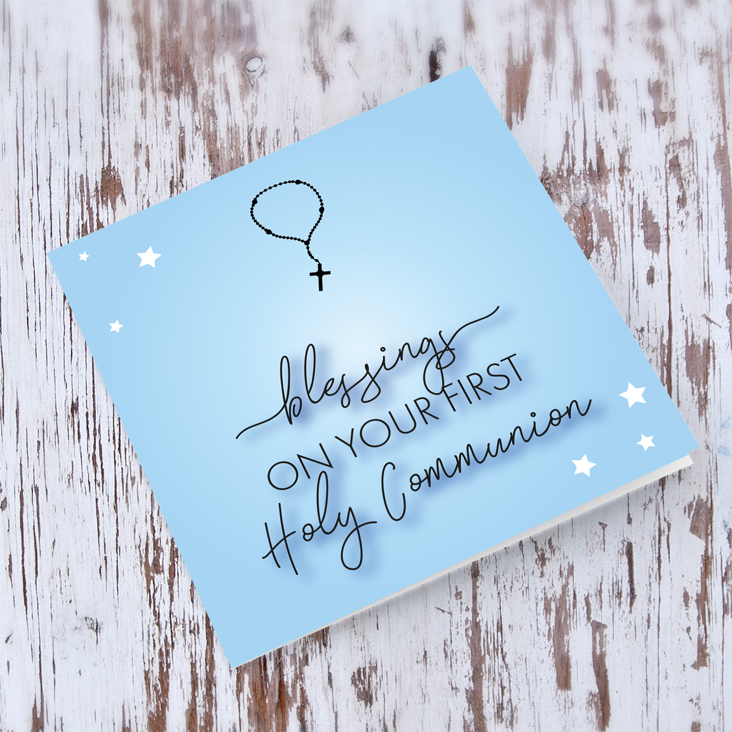 Blue background Holy Communion Card with rosary beads in English