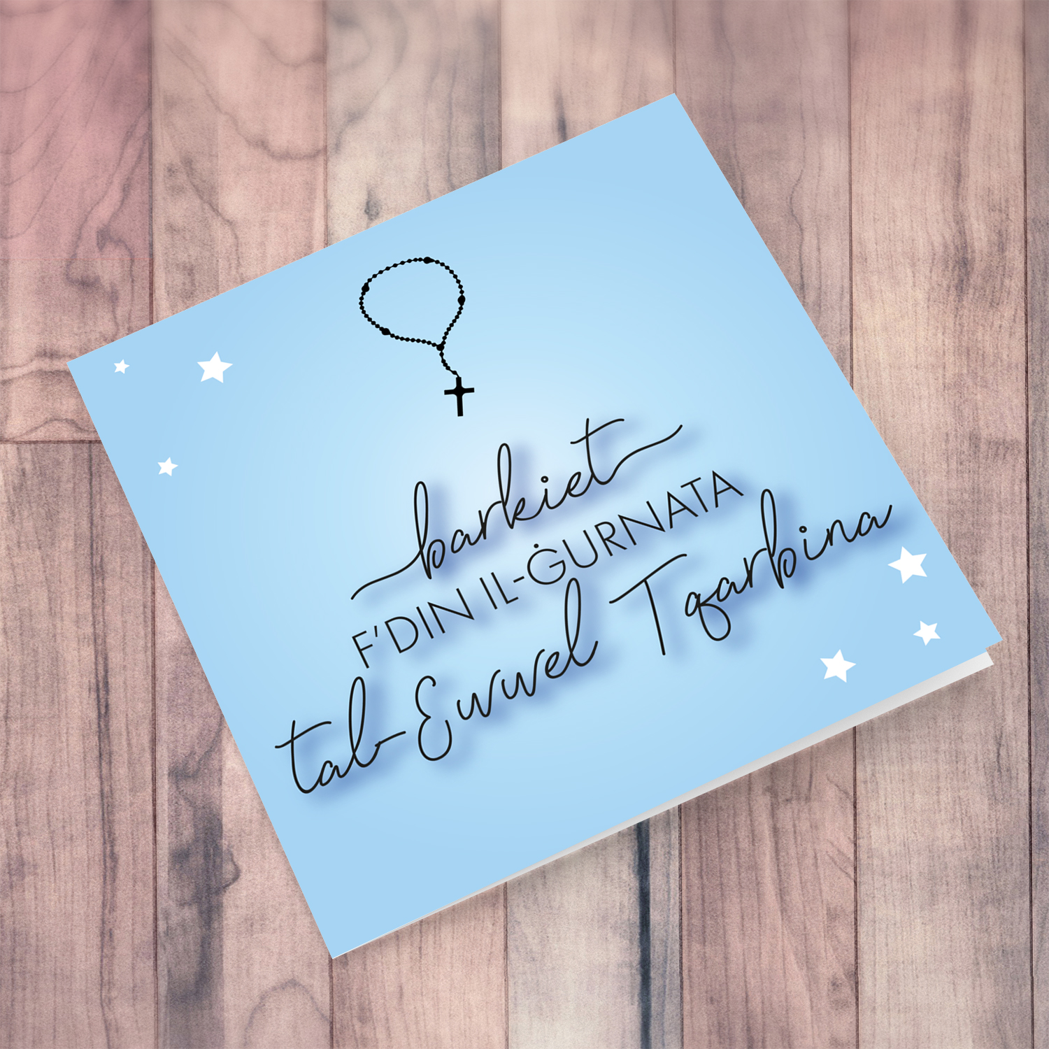 Blue background Holy Communion Card with rosary beads in Maltese