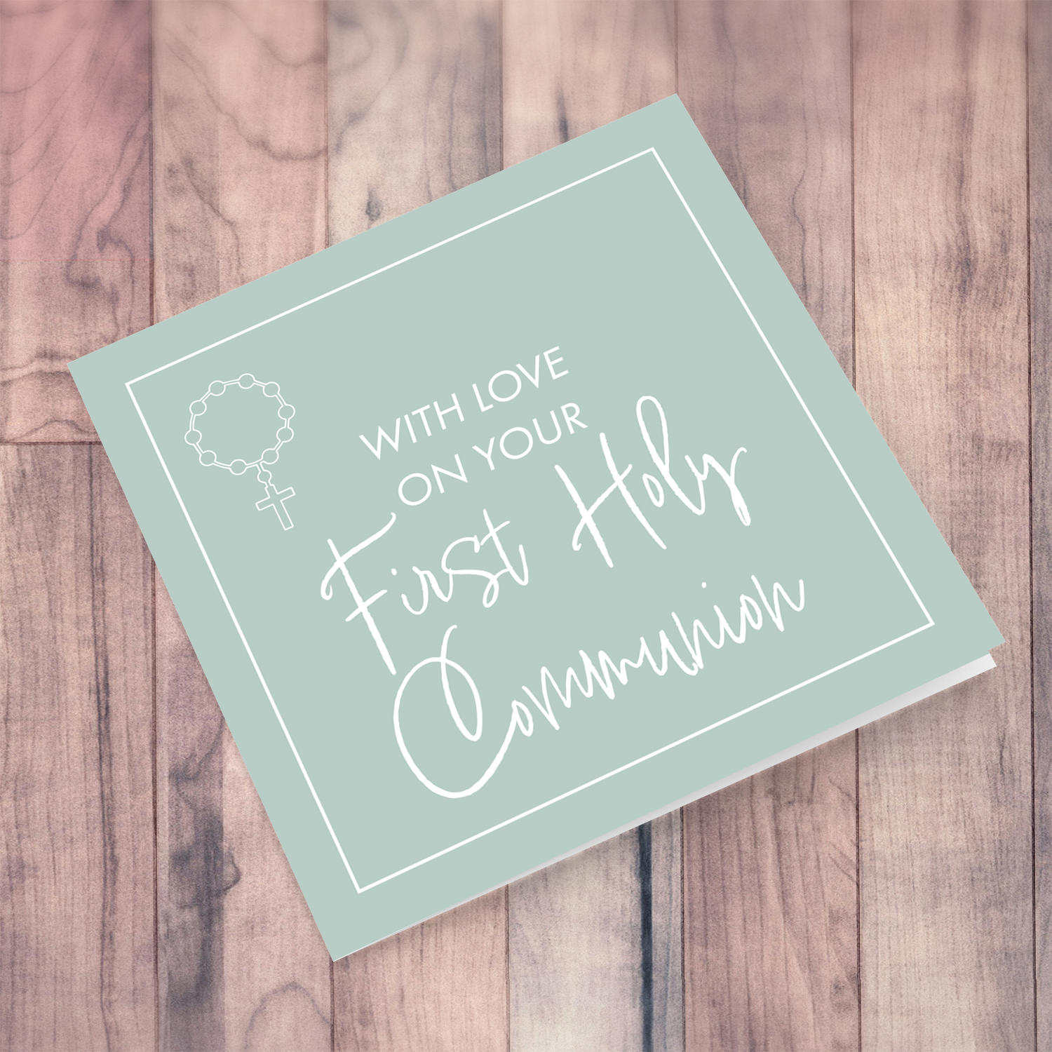 Light green background unisex Holy Communion Card in English with rosary beads