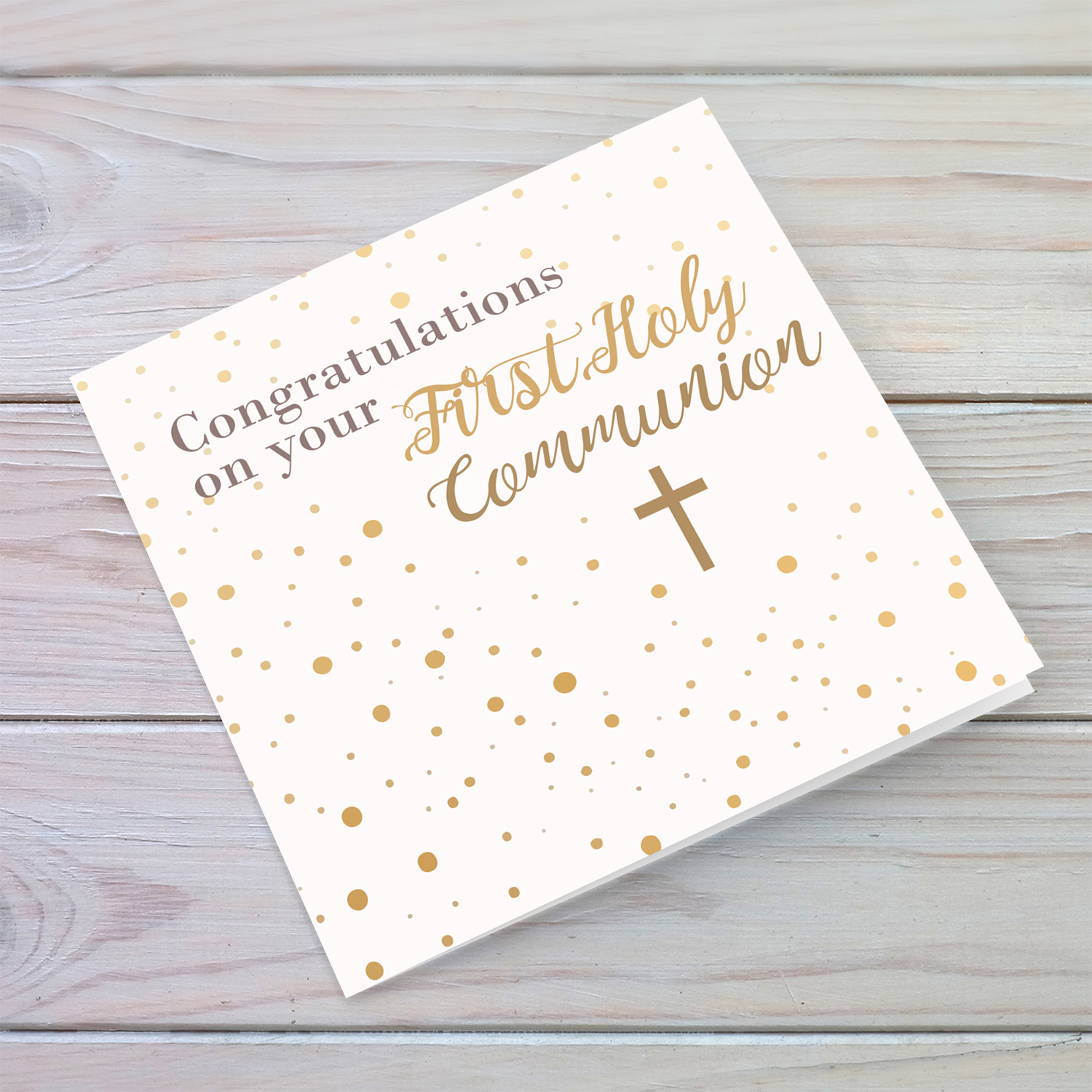 Gold tones Holy Communion card in English with the holy cross