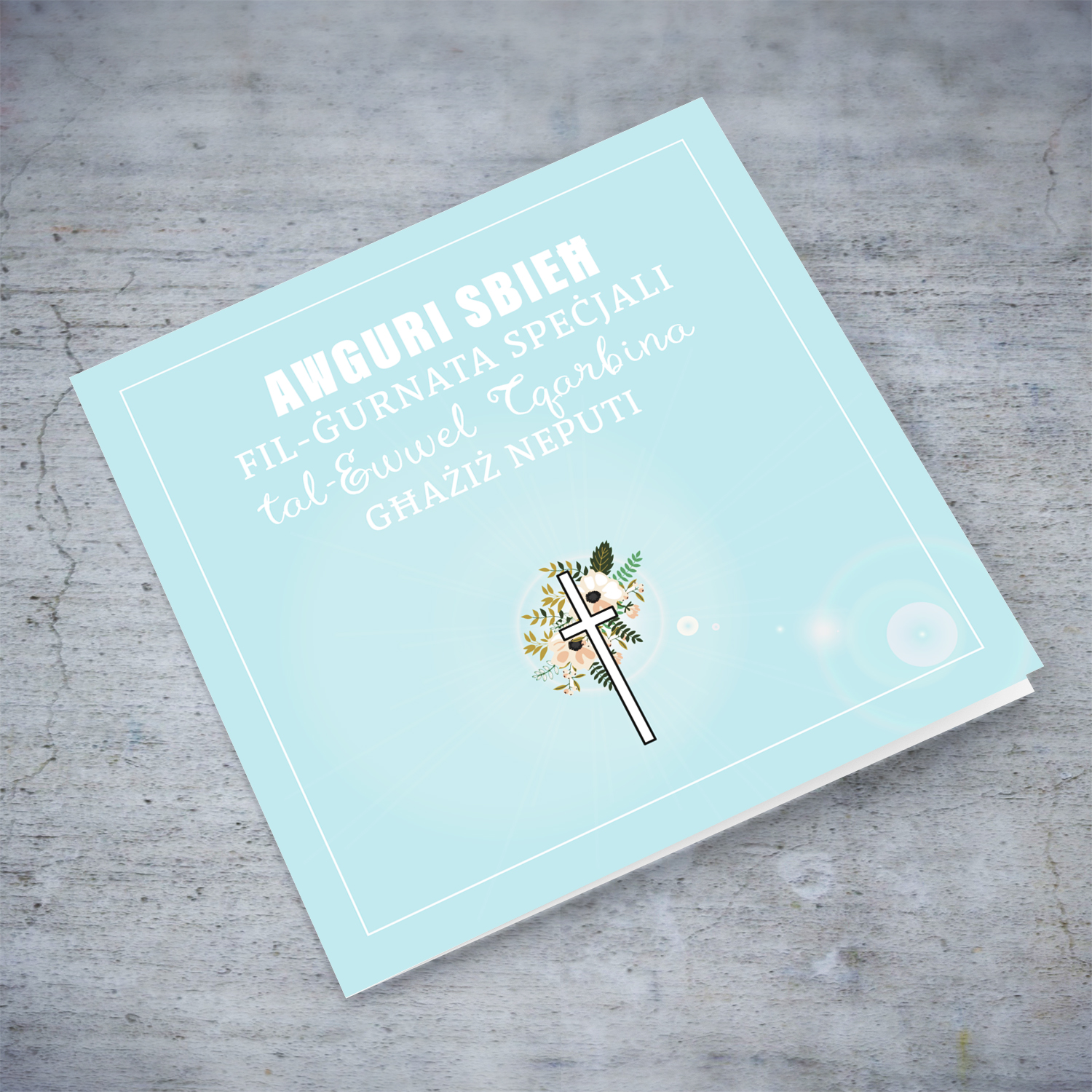 Nephew - Light blue with cross and florals Holy Communion Card in Maltese for nephew