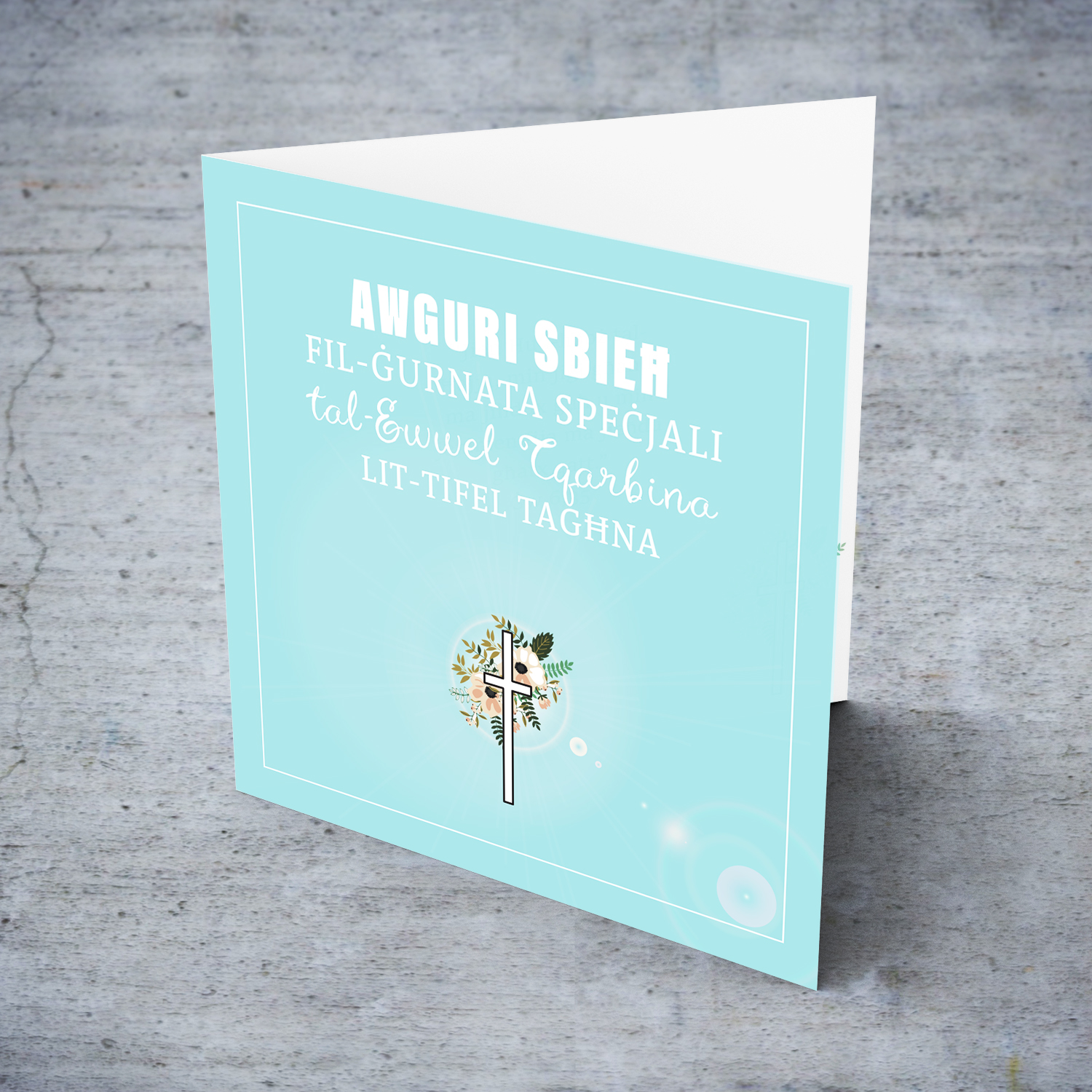 Son - Light blue with cross and florals Holy Communion Card in Maltese for Son (plural)