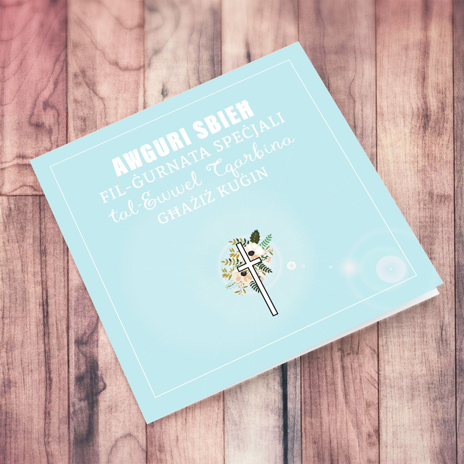 Cousin - Light blue with cross and florals Holy Communion Card in Maltese for cousin