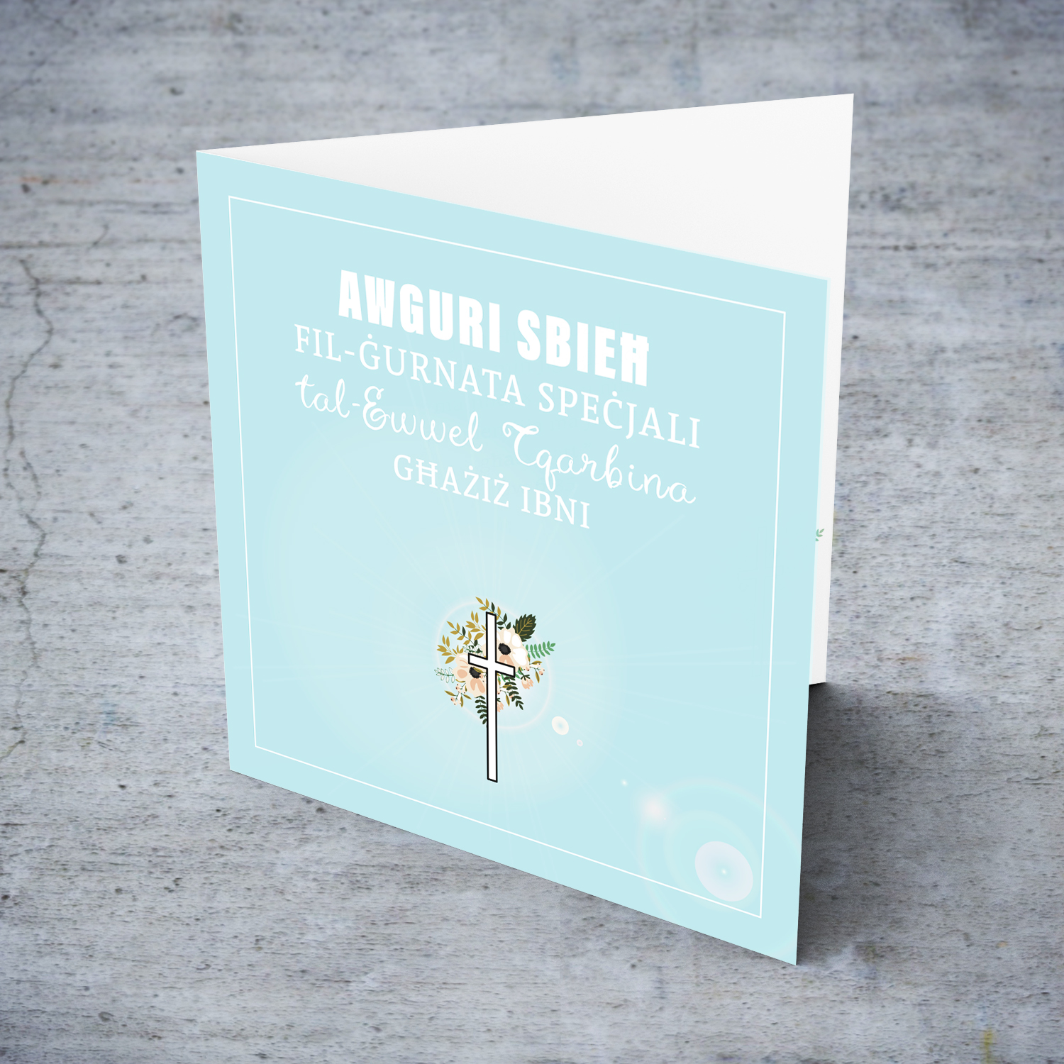 Son - Light blue with cross and florals Holy Communion Card in Maltese for son (Singular) 