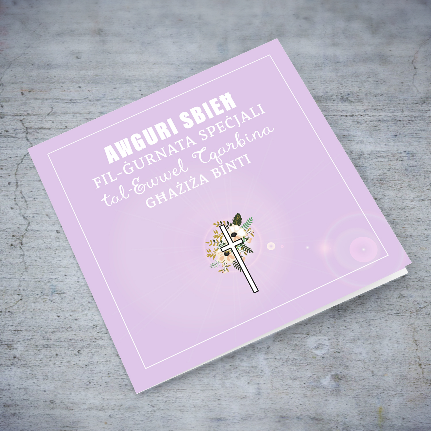 Daughter - Light Purple with cross and florals Holy Communion Card in Maltese for daughter 