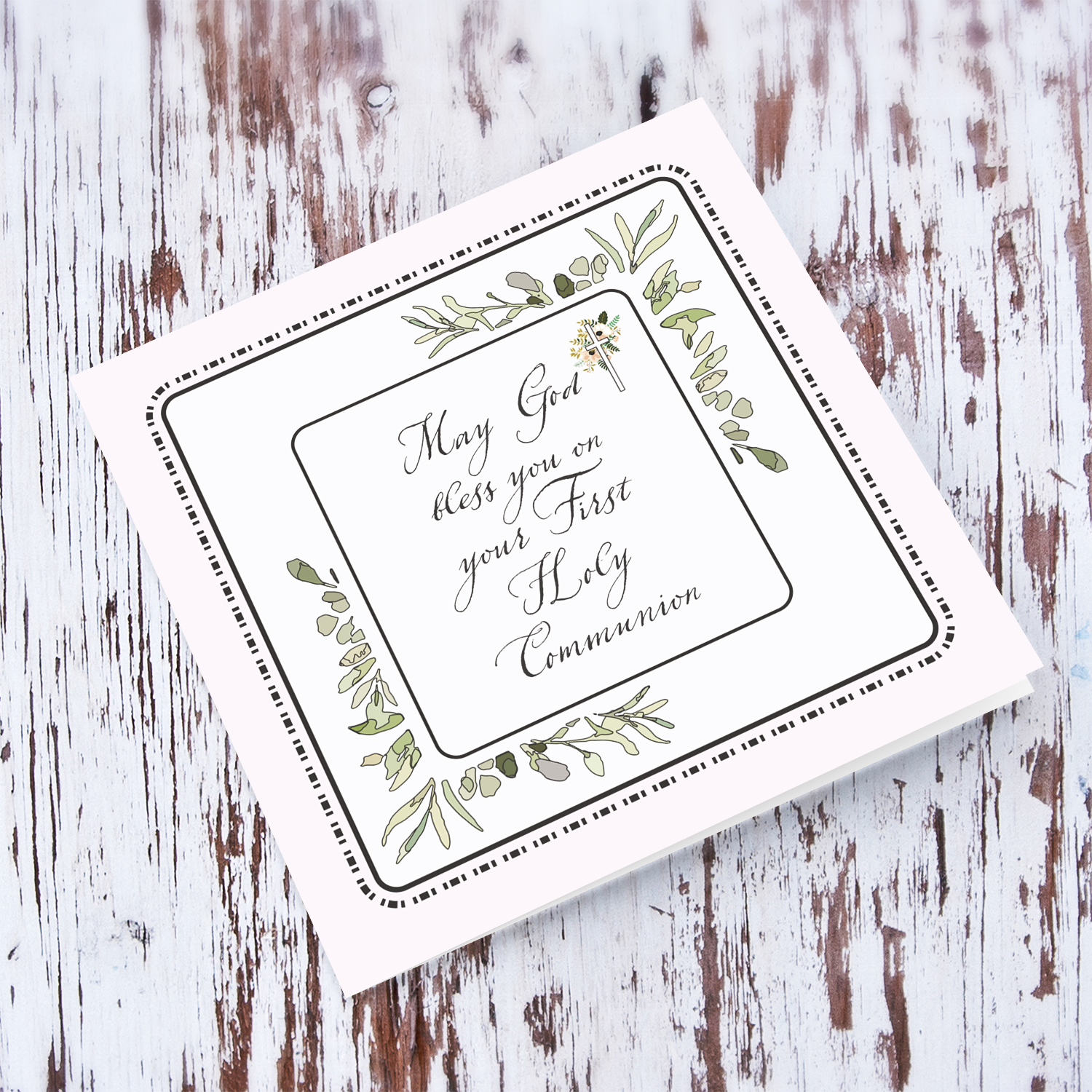 Light pink background, dotted frame and leaves themed Holy Communion Card in English