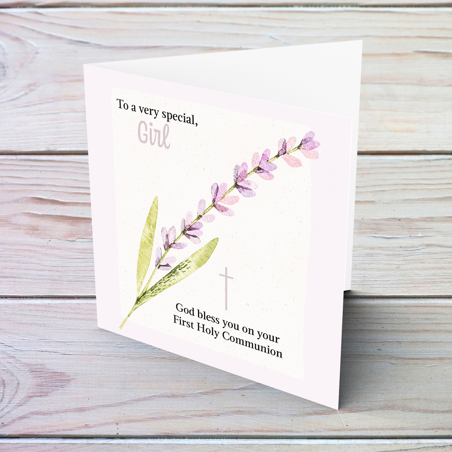 Petite First holy Communion Card for a special girl in pink / purple tones in English