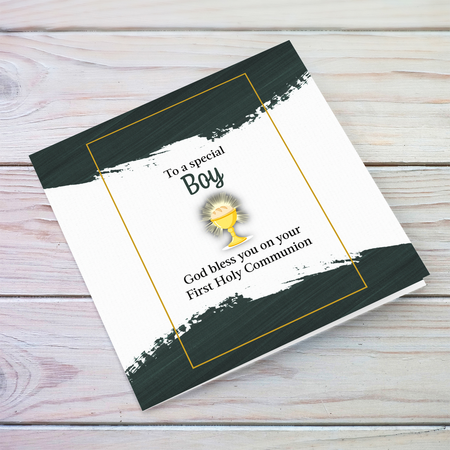 Modern First Holy Communion card with green touches and gold border to a special boy in Maltese