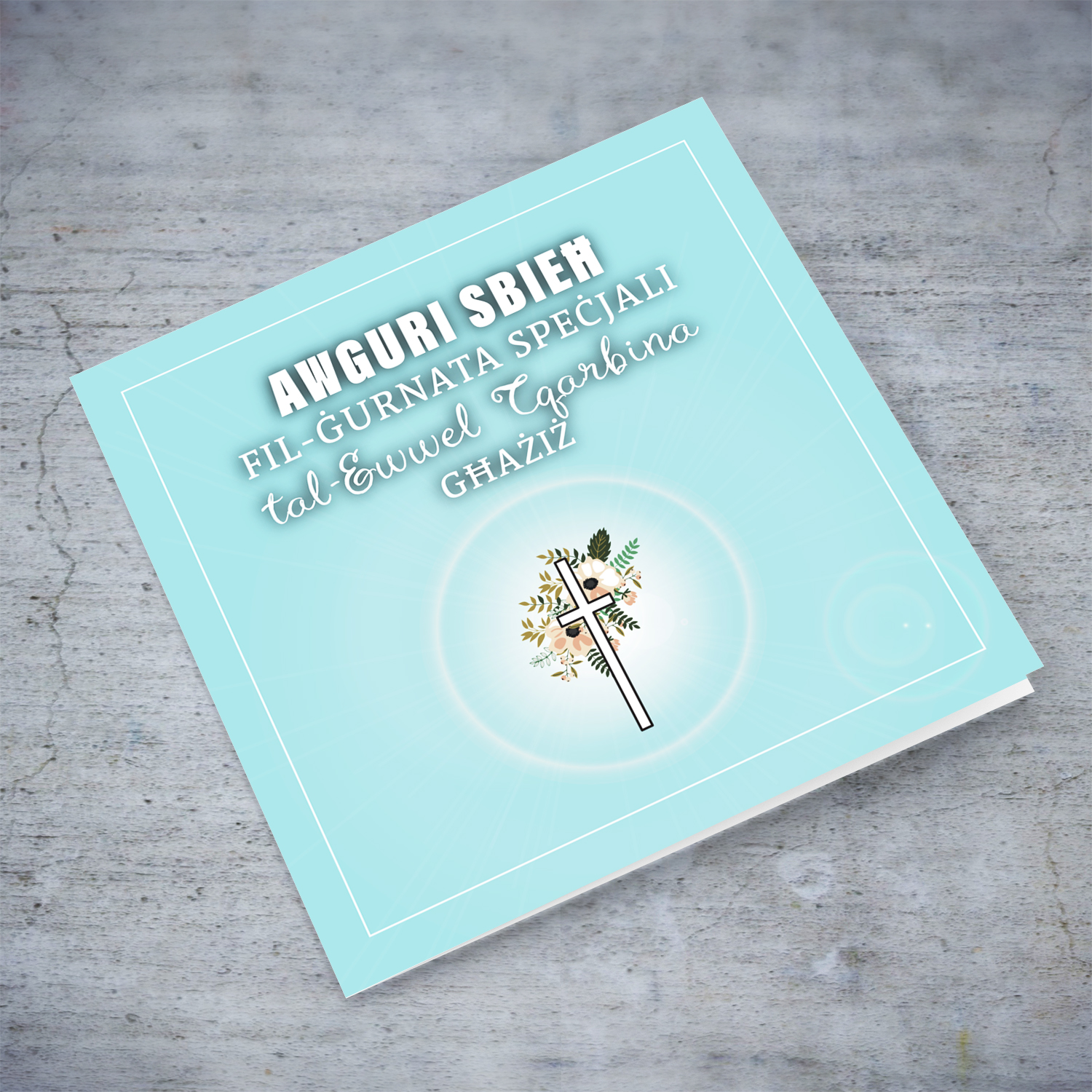 Light blue with cross and florals Holy Communion Card for a dear boy in Maltese