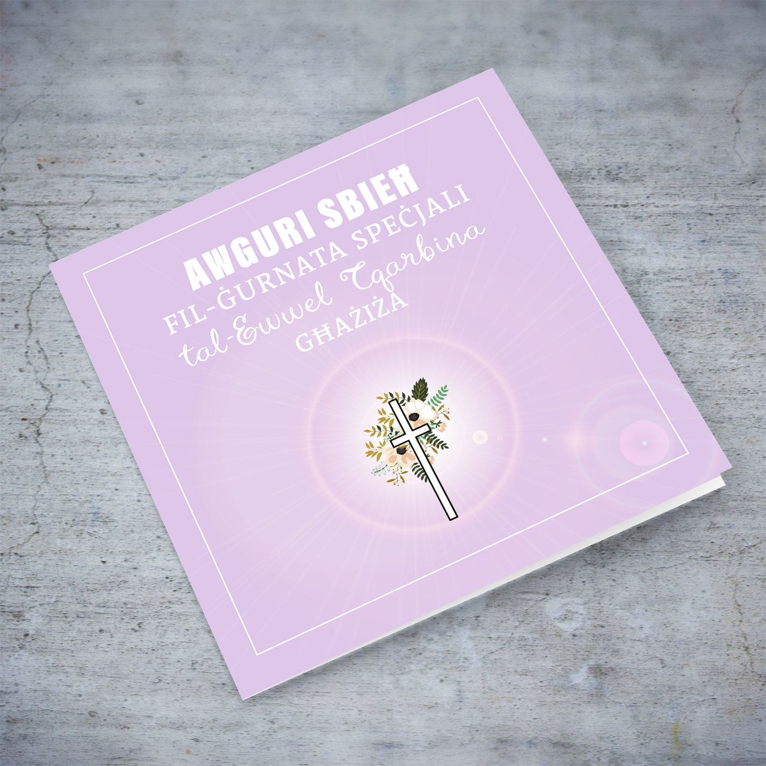 Light Purple with cross and florals Holy Communion Card for a dear girl in Maltese