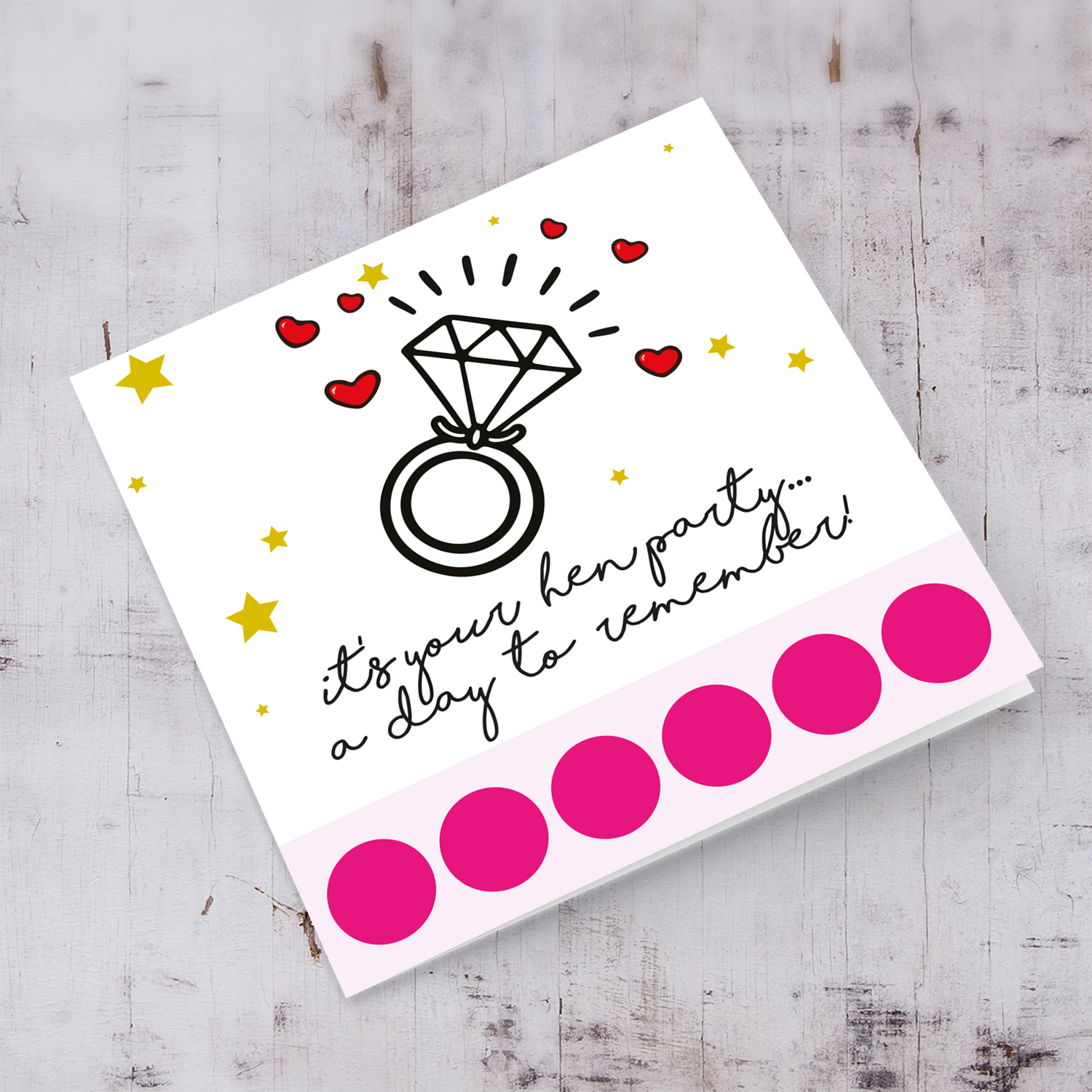Ring themed hen party card with hearts, stars and bright pink circles in English