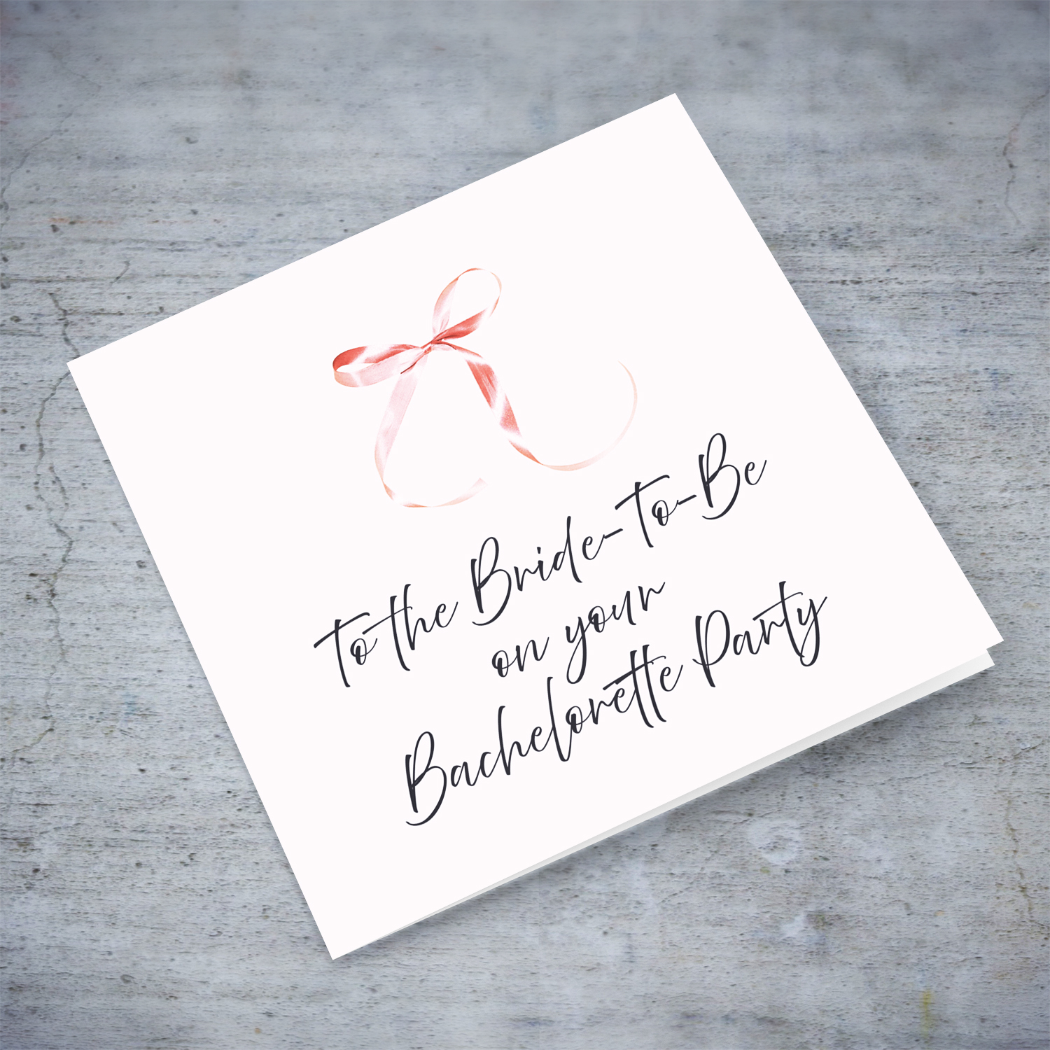 Minimalist and dainty bachelorette party card with cute pink bow and light pink background in English