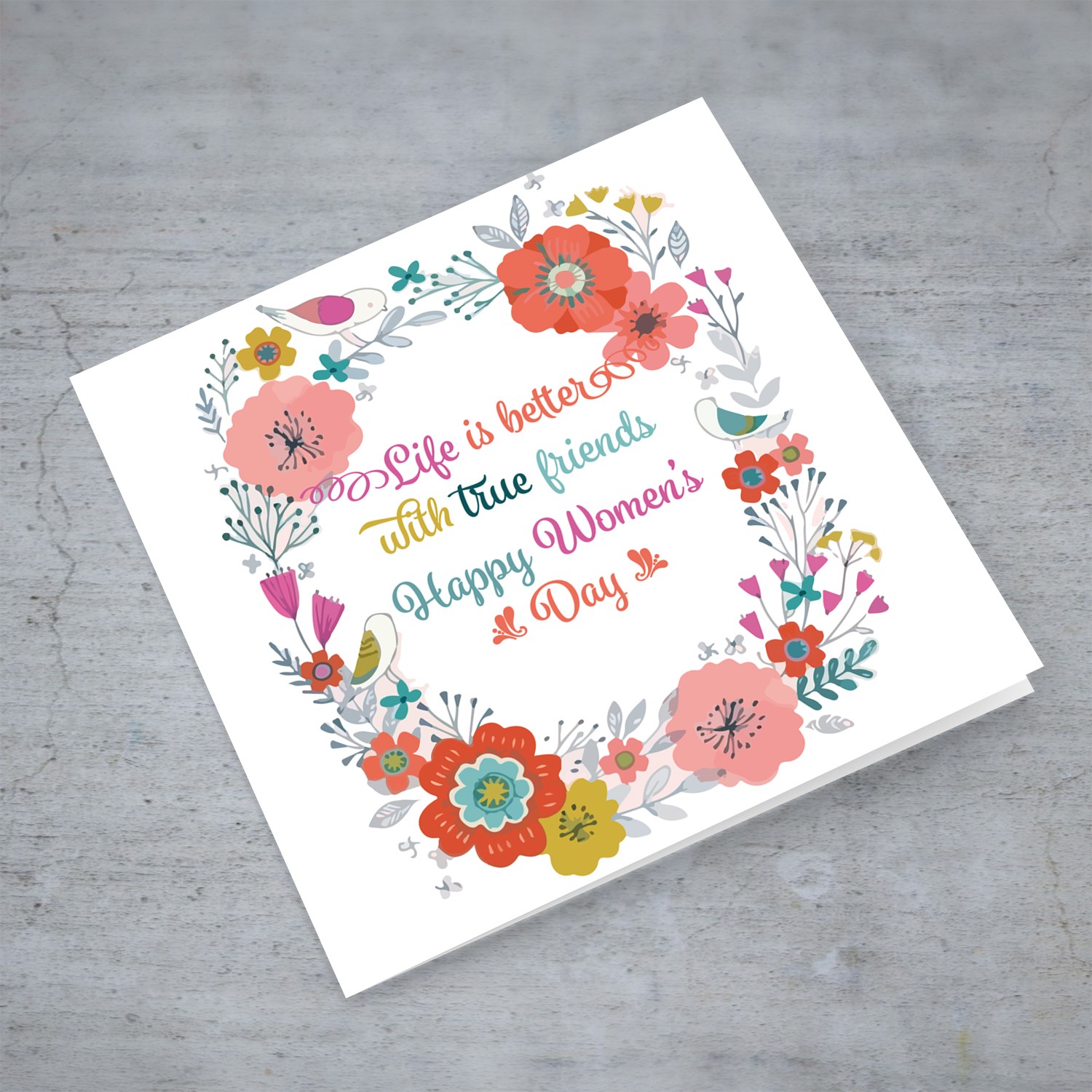 Colourful floral happy women's day card in English