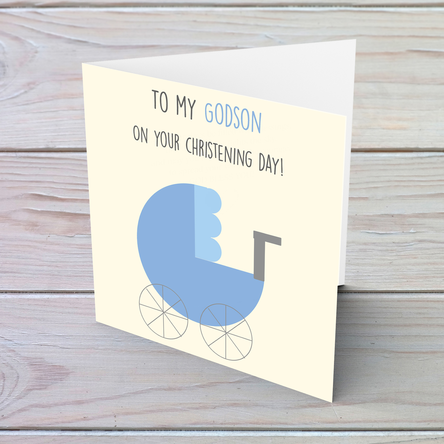 Pram themed baptism card for grandson in English