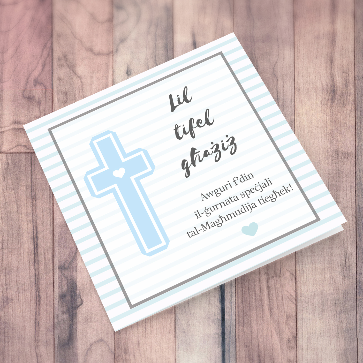 Baptism card with light blue cross with striped background in Maltese