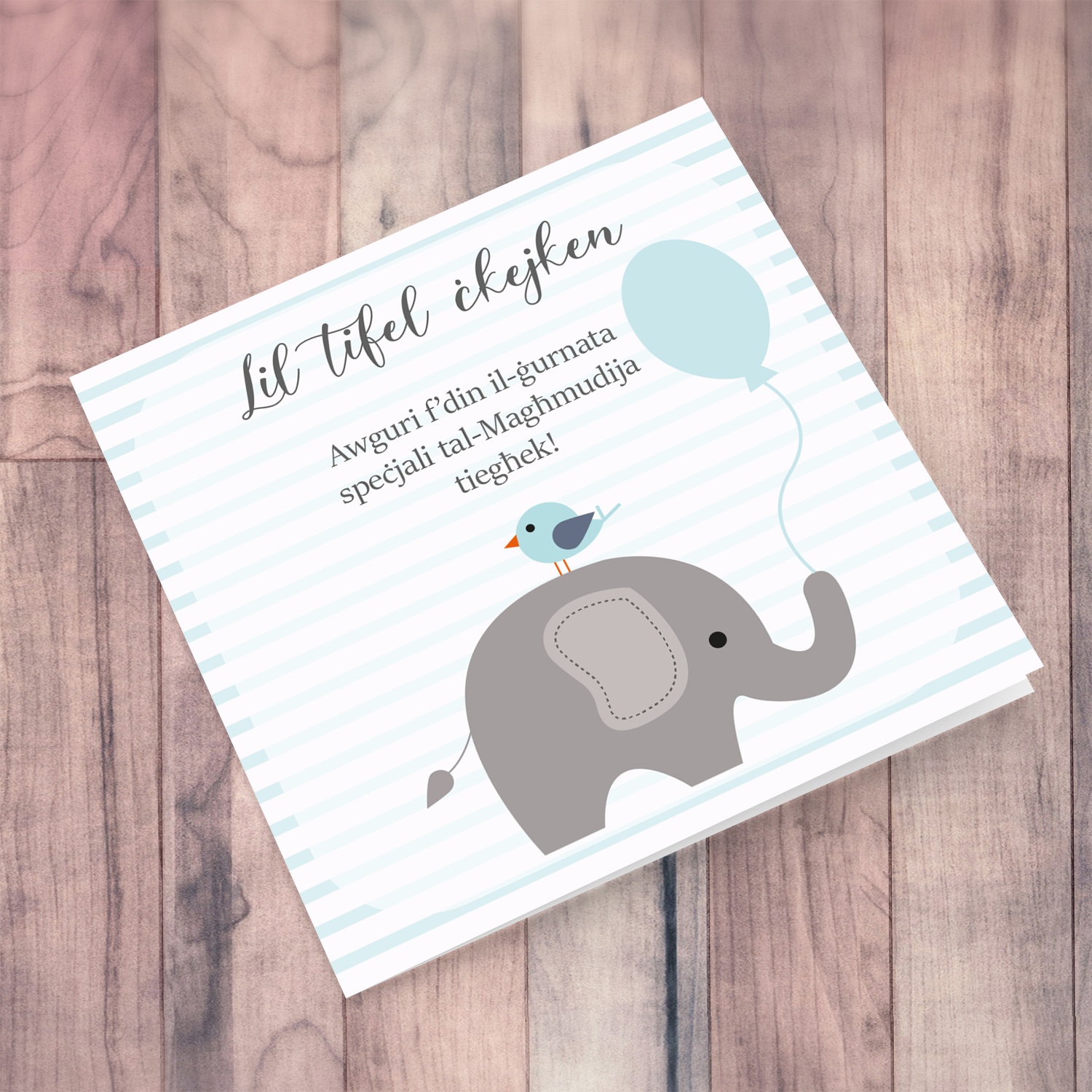 Elephant with bird holding blue baloon, with striped background baptism card in Maltese