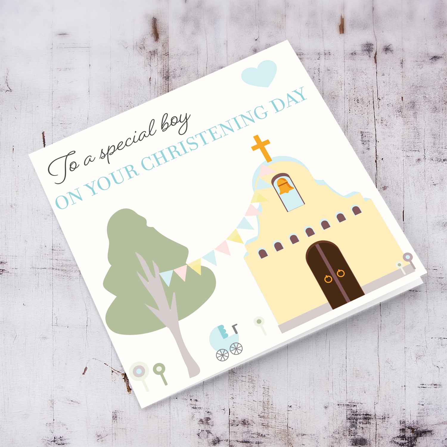 Church themed baptism card with bunting, trees, flower and pram in English