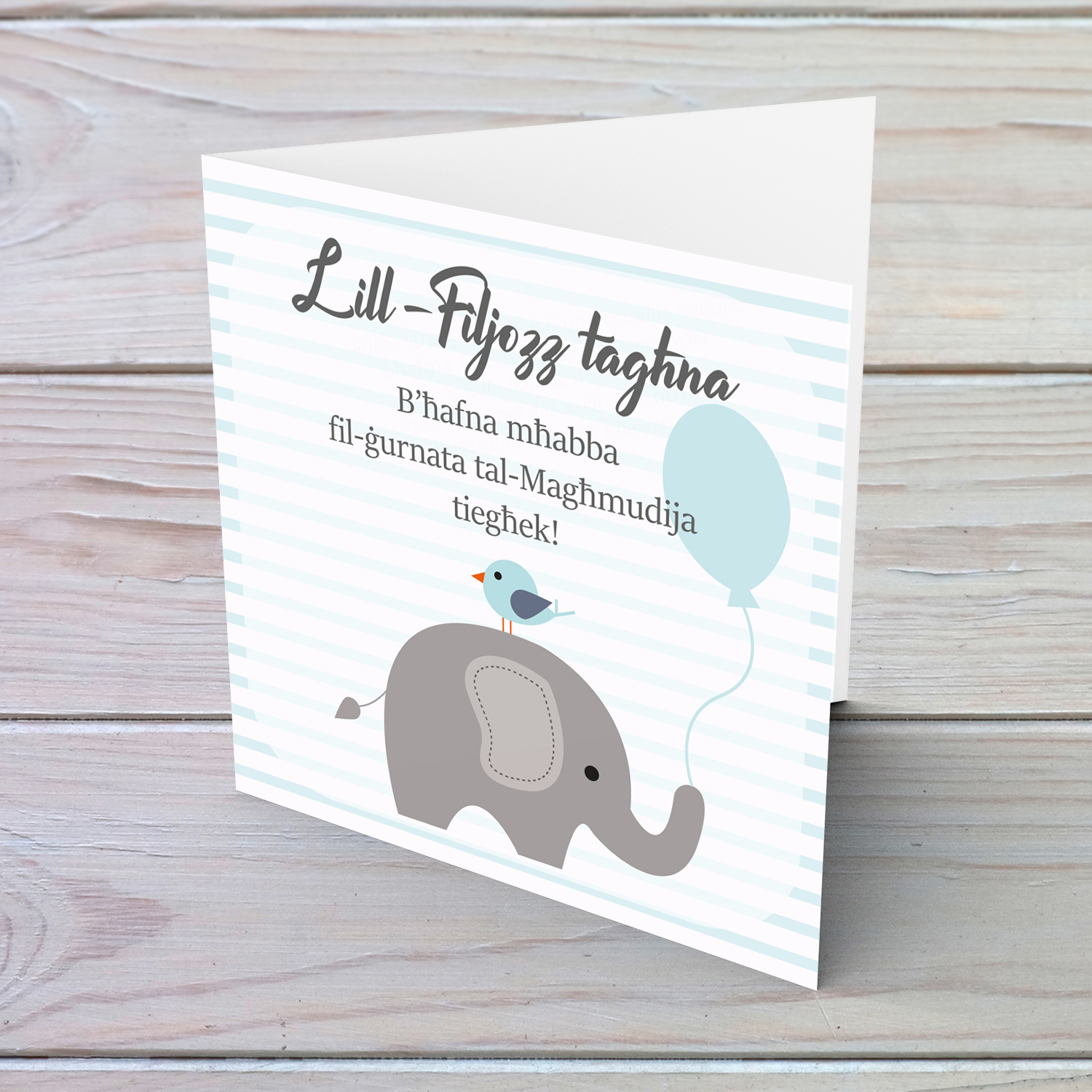 Elephant themed baptism card for godson in Maltese