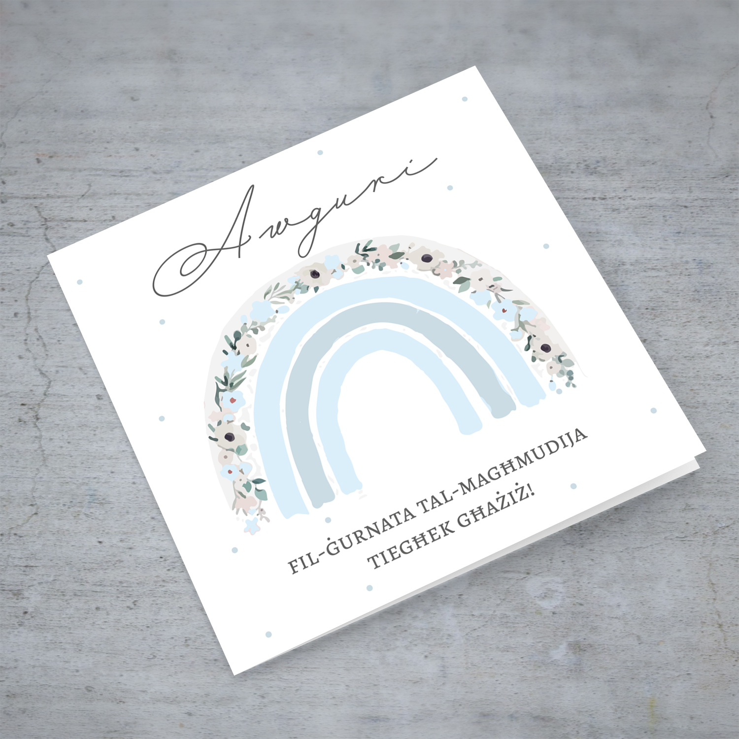 Cute floral rainbow in shades of blue baptism / christening card for boys in Maltese 