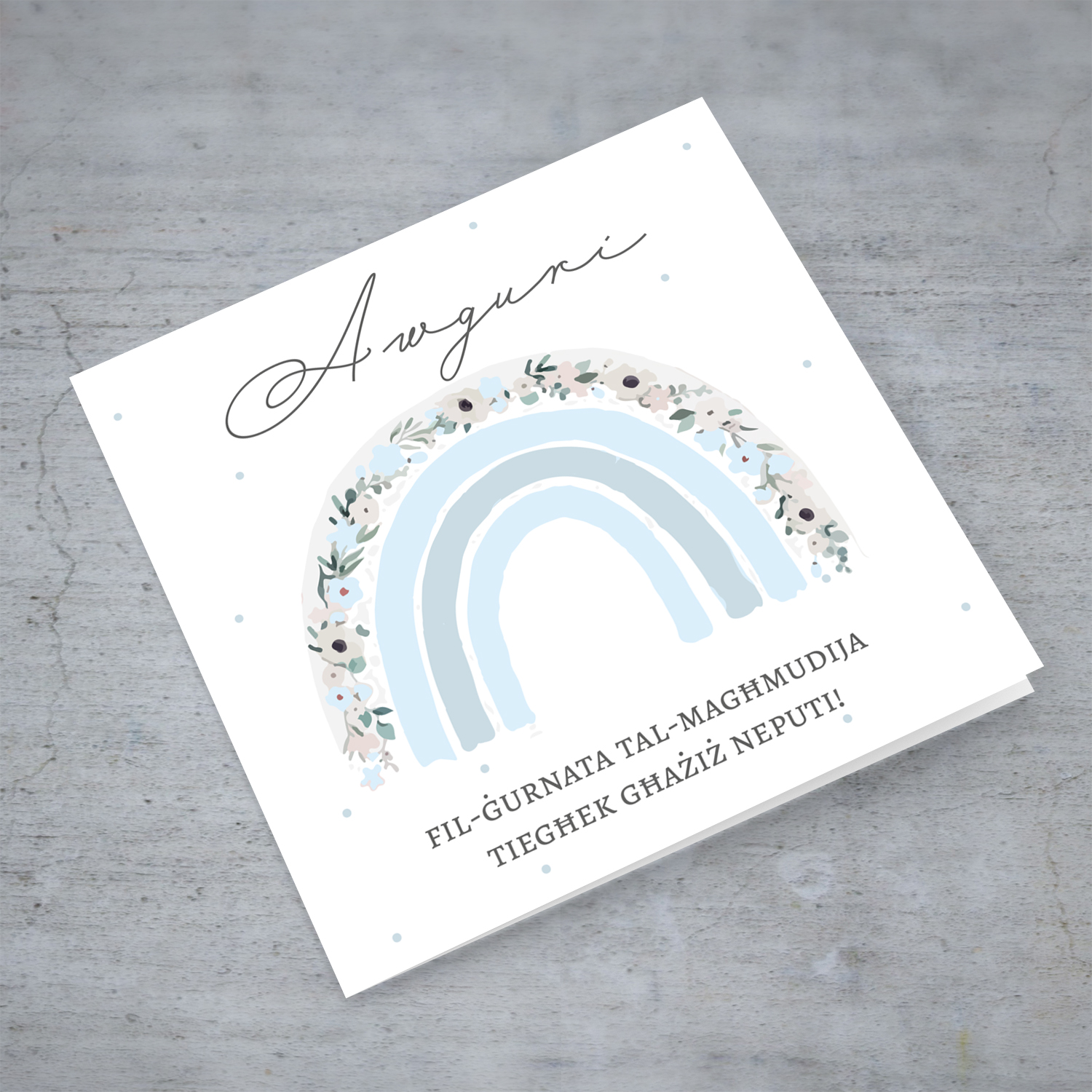 Cute floral rainbow in shades of blue baptism / christening card for nephew in Maltese