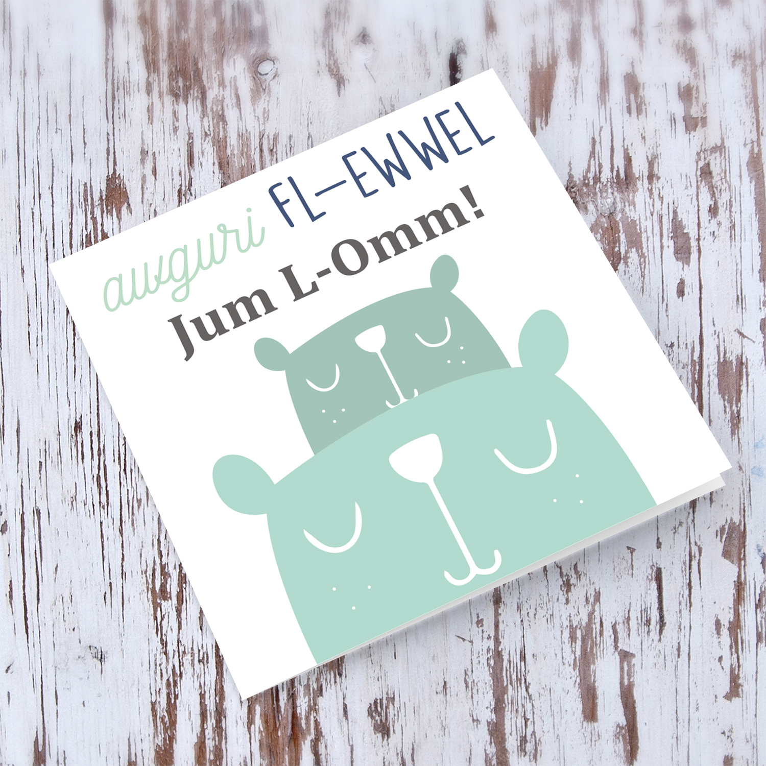 First mother's Day Card with cuddling green bears in Maltese