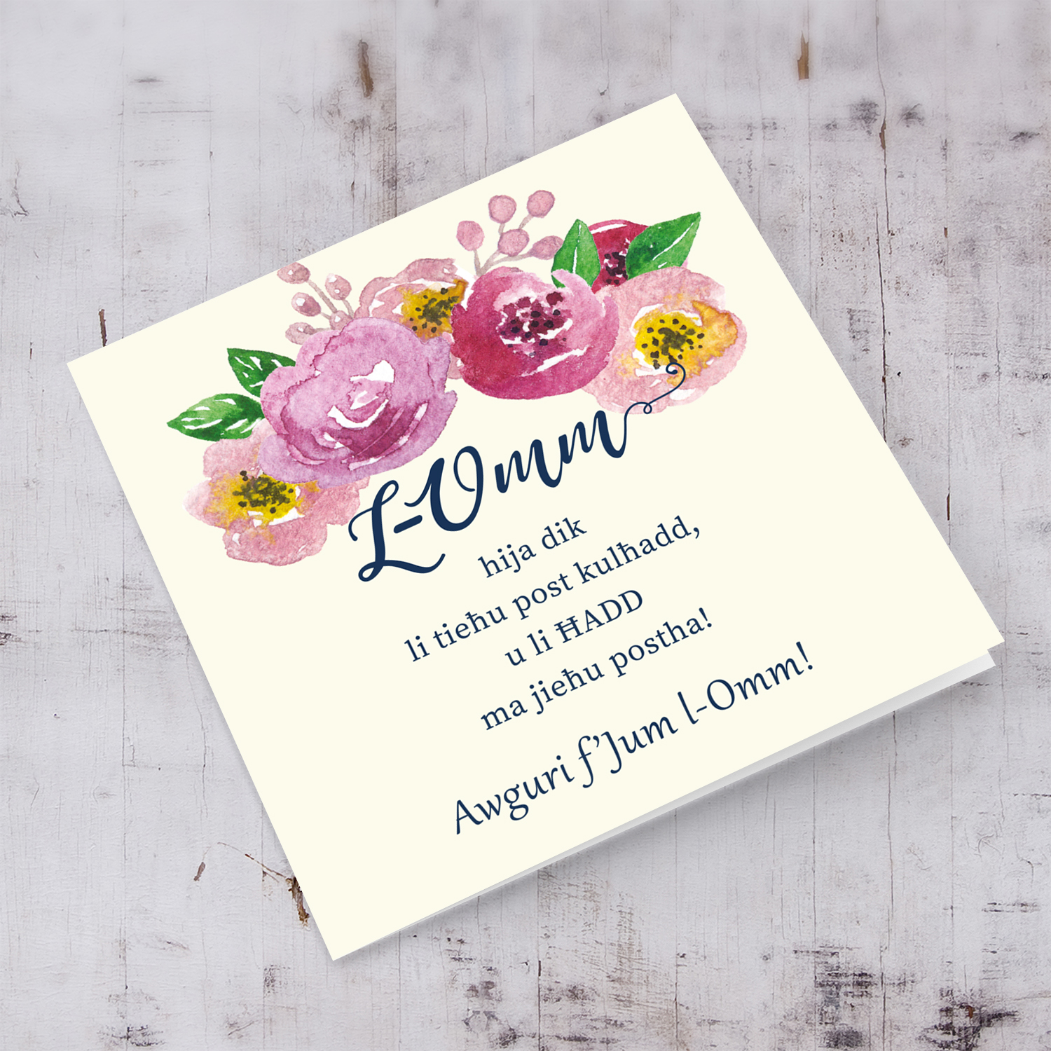 Pink Flowers themed Mother's Day card in Maltese