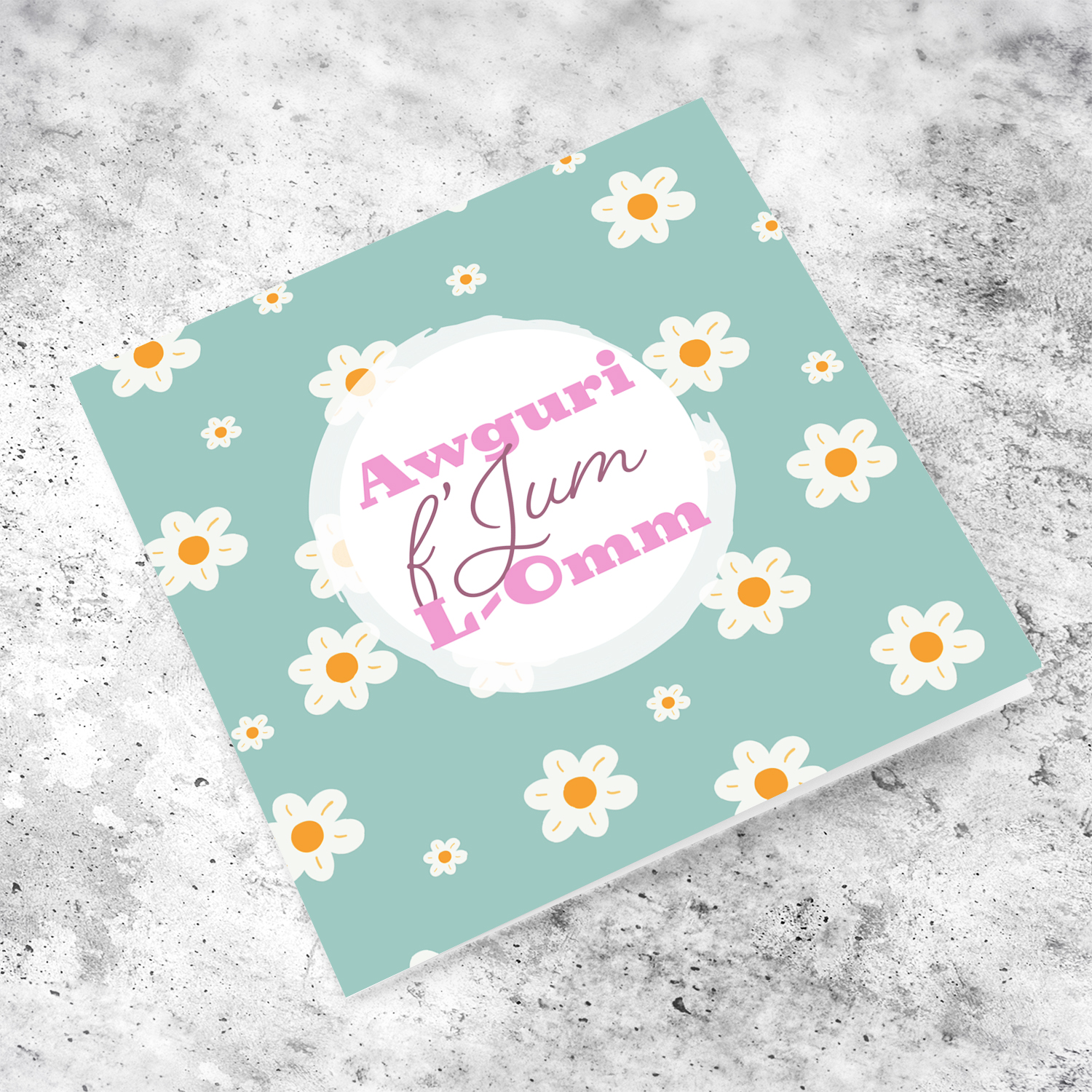 Turquoise background with white flowers mother's day card in Maltese