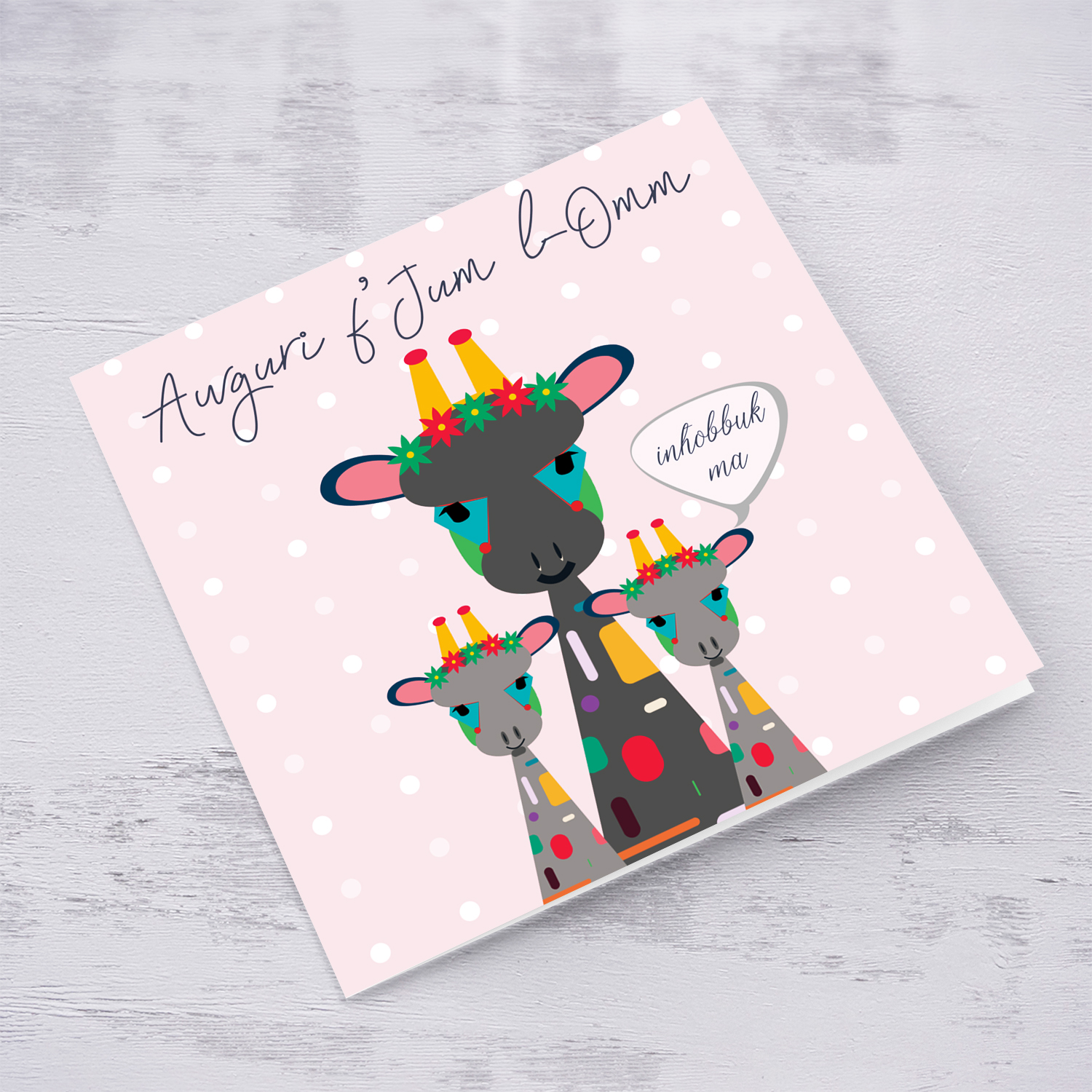 Mummy and 2 baby giraffes Mother's Day Card in Maltese