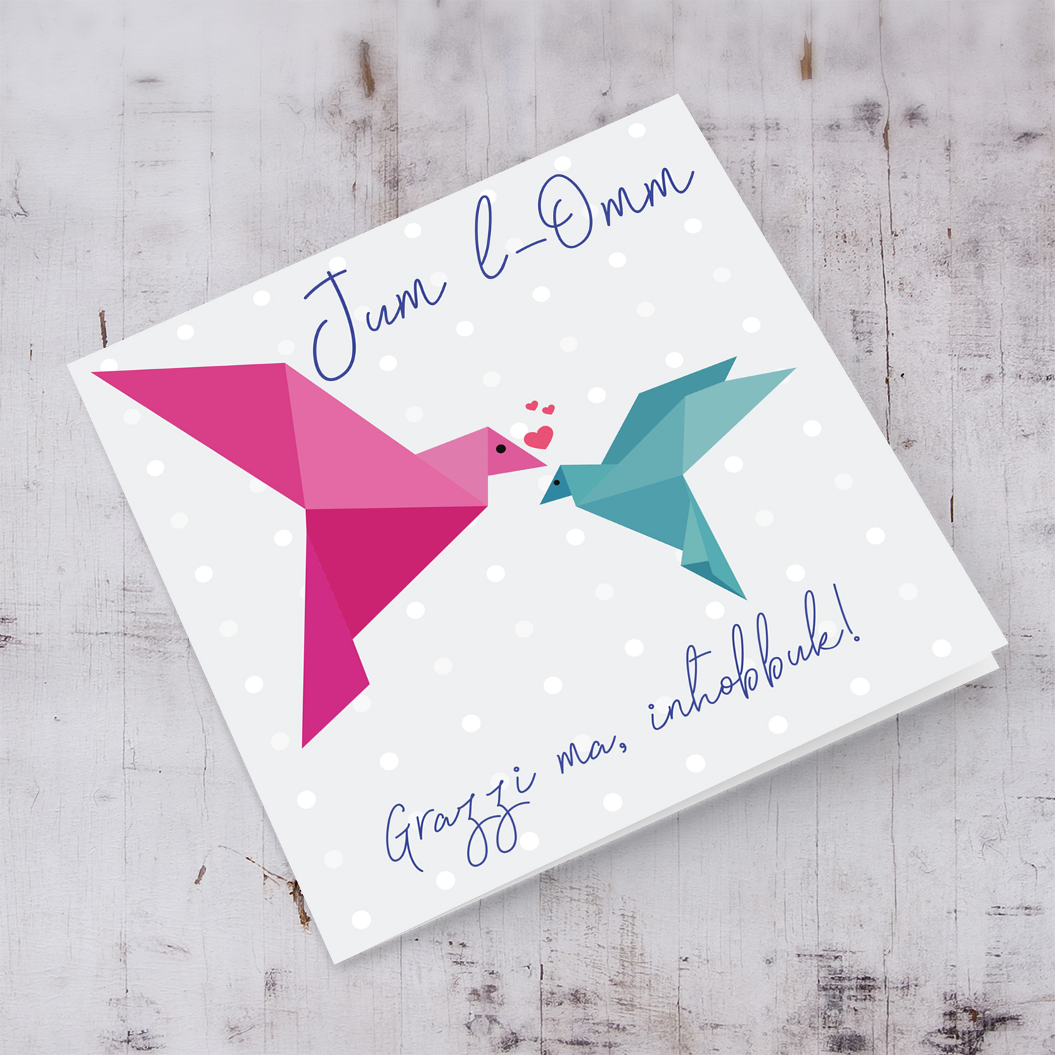 Pink and green Origami birds mother's day card (plural) in Maltese