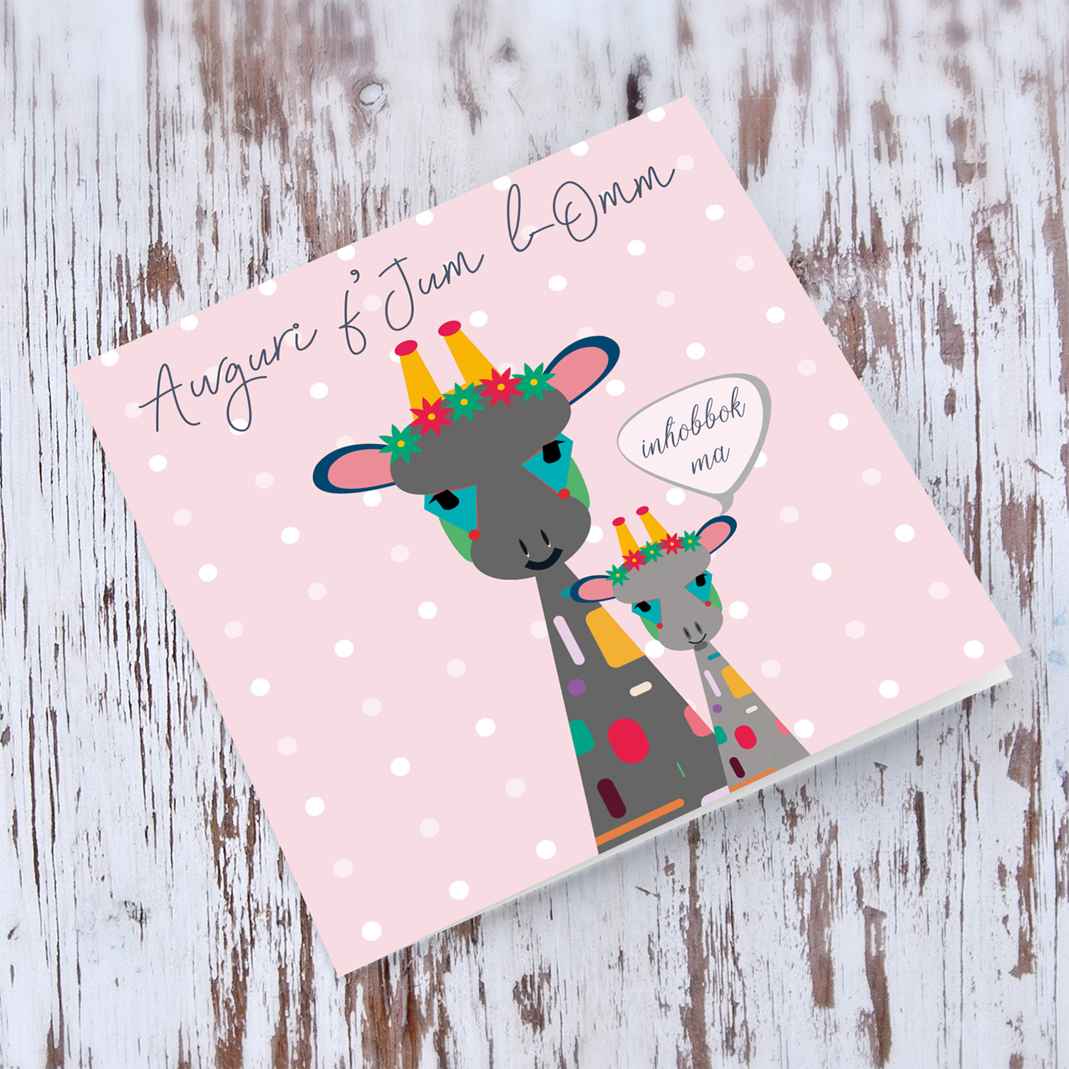 Mummy and baby giraffe with pink  background in Maltese (Blank on the inside)