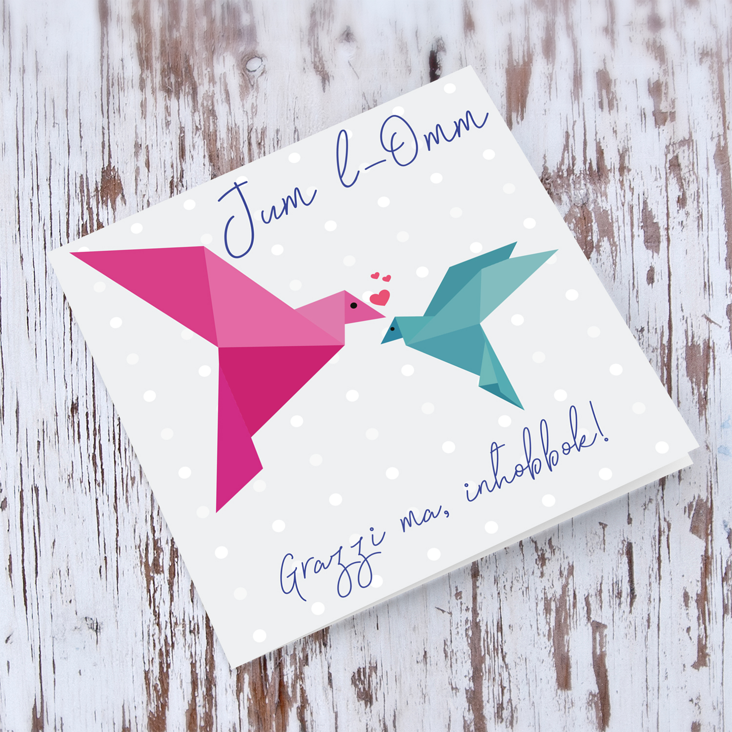 Pink and green Origami birds mother's day card in Maltese (Blank on the inside)