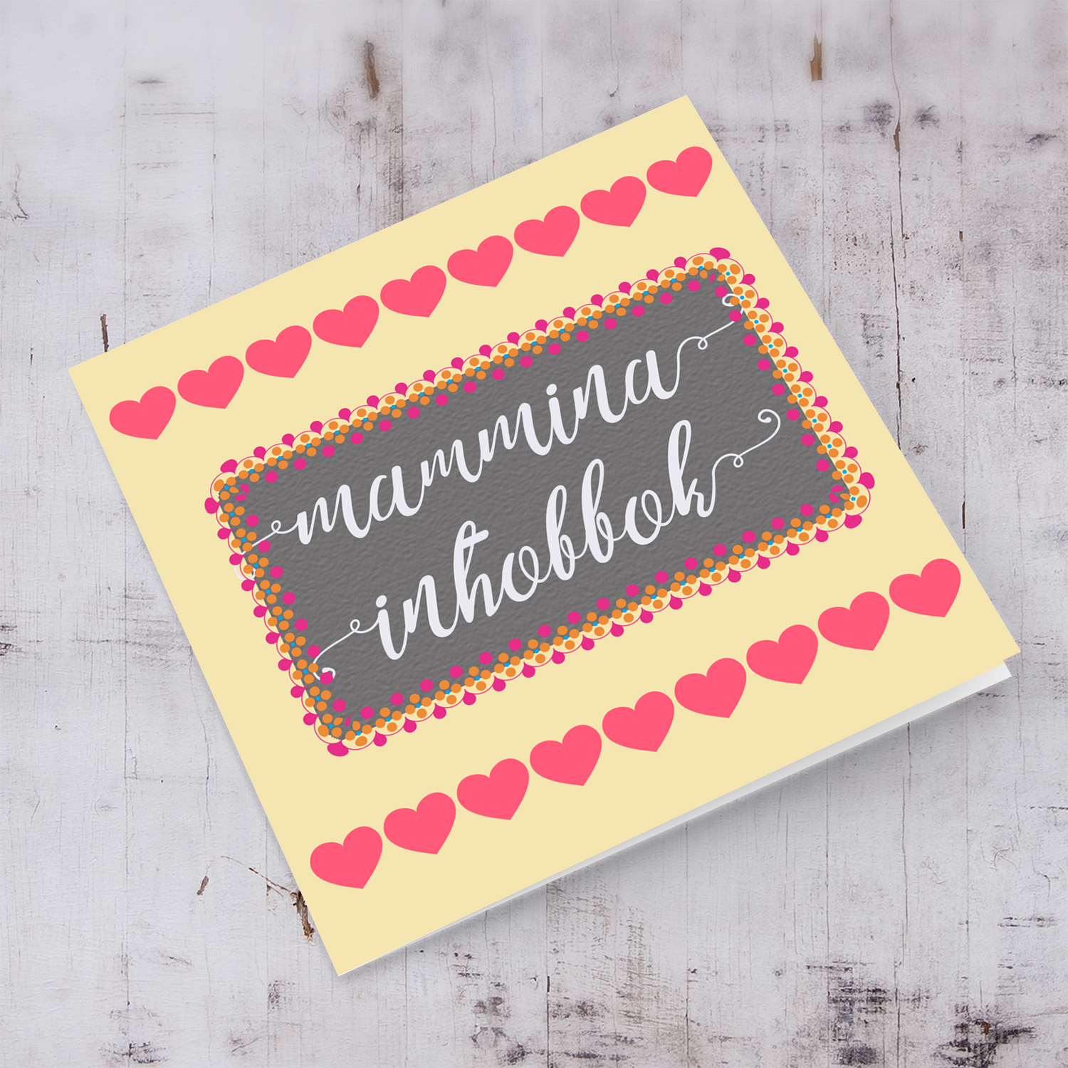 Yellow background with pink hearts Mother's Day card in Maltese