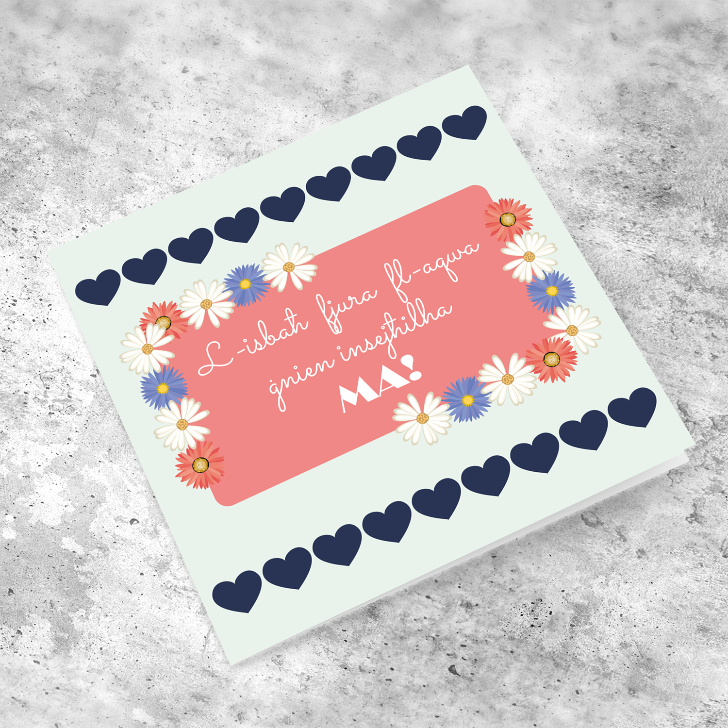 Pastel background with blue hearts and floral border Mother's Day Card in Maltese
