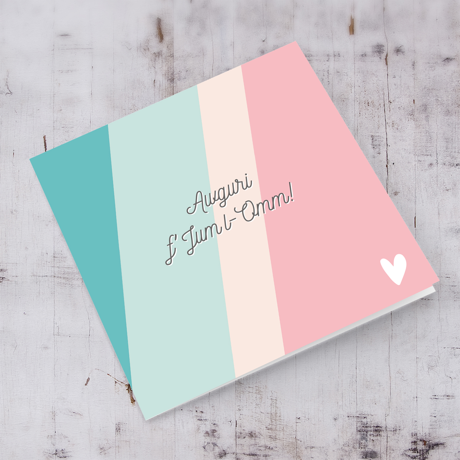Turquoise and pink background with white heart mother's day card in Maltese