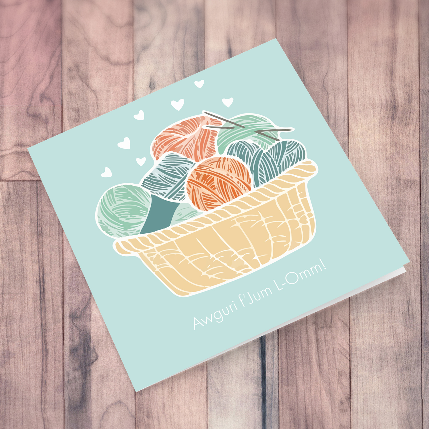 Basket full of yarn - knitting themed Mother's Day card in Maltese