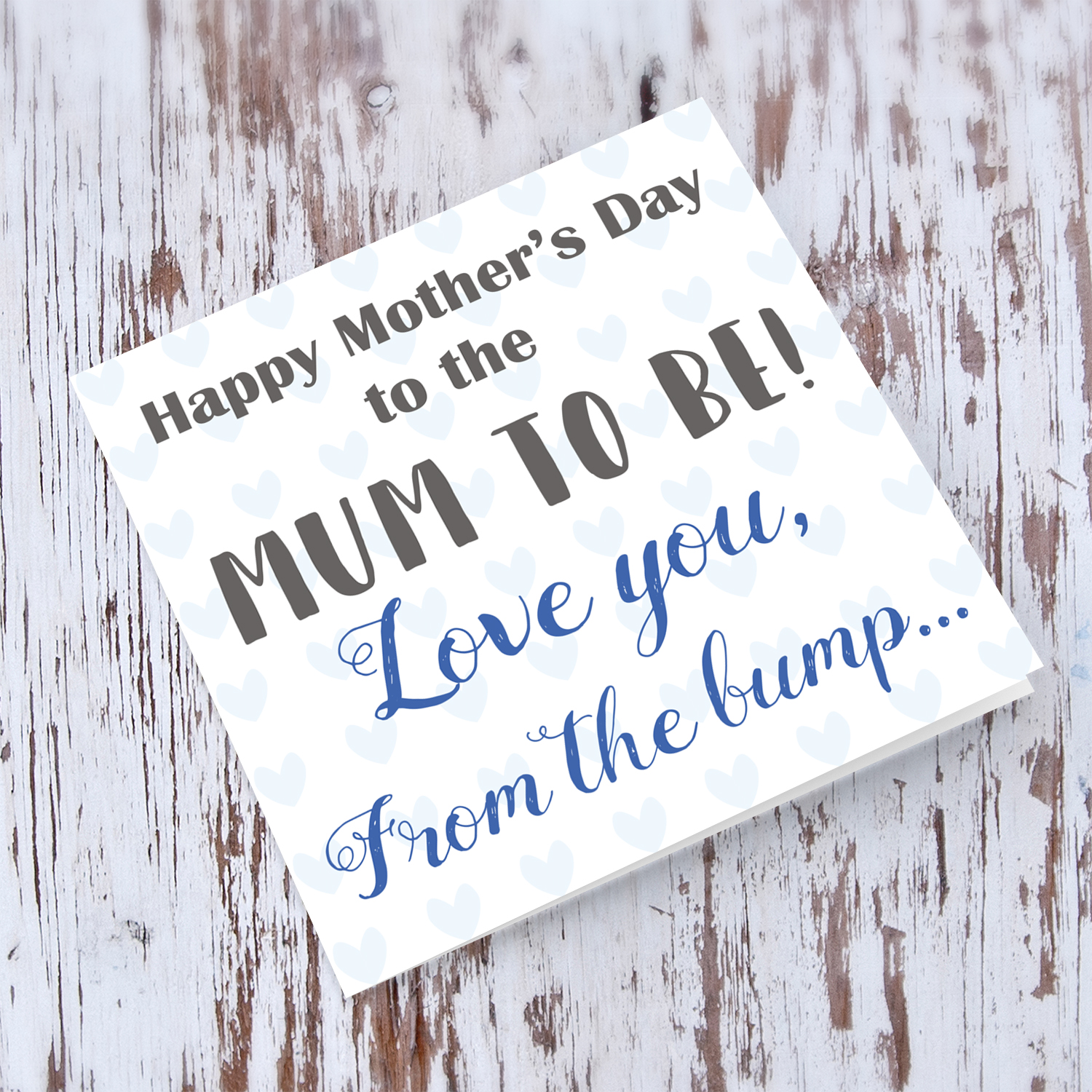 Mummy to be Mother's Day Card in English from the bump with blue pastel hearts in the background