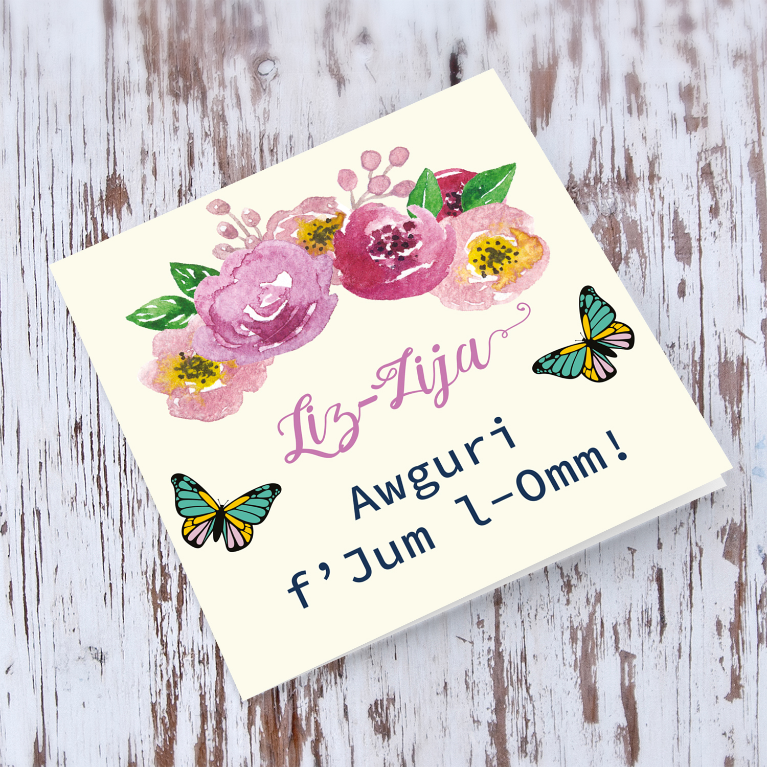 Aunty Mother's Day Card with flowers and butterflies in Maltese