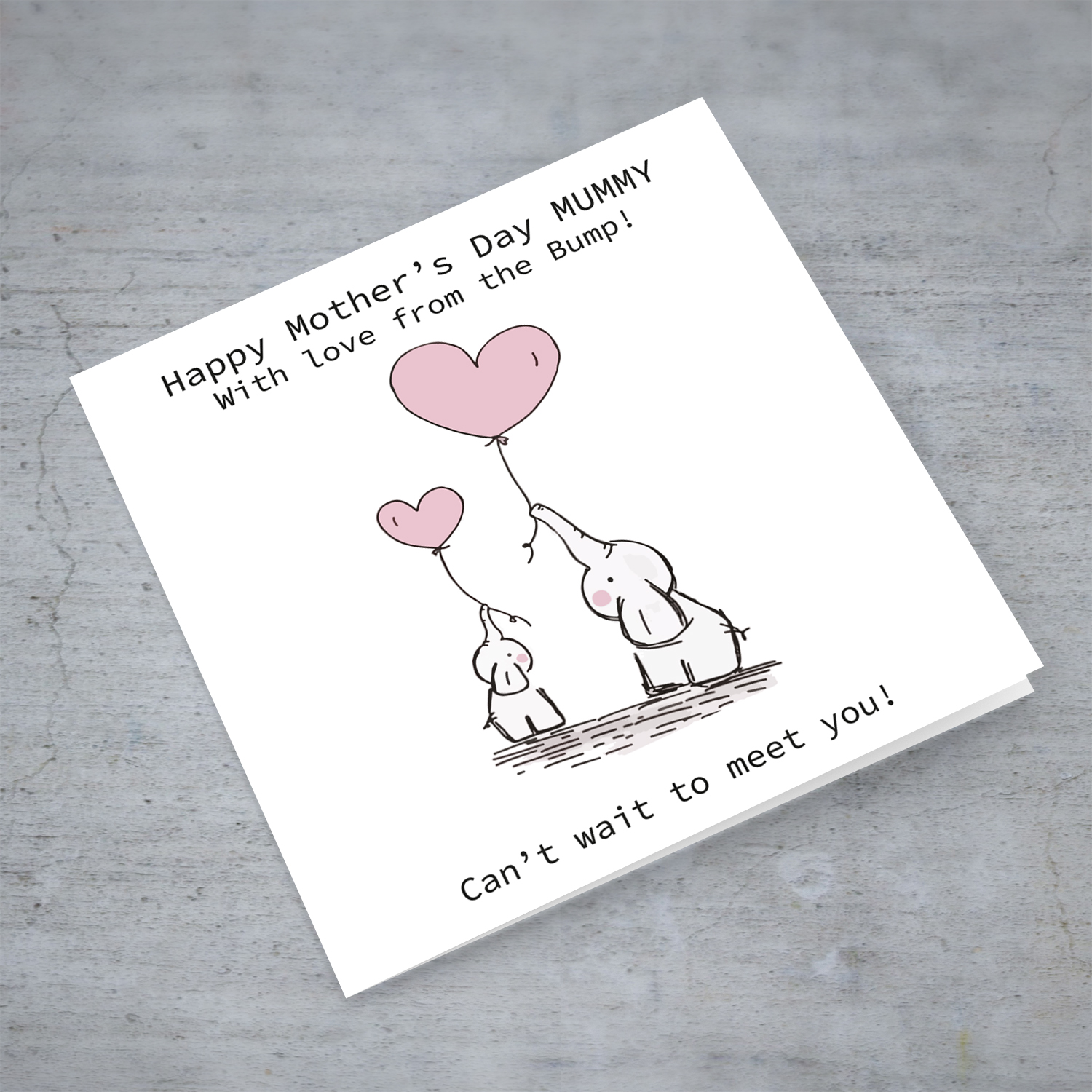 Mummy to be Mother's Day card with elephants holding pink balloons in English