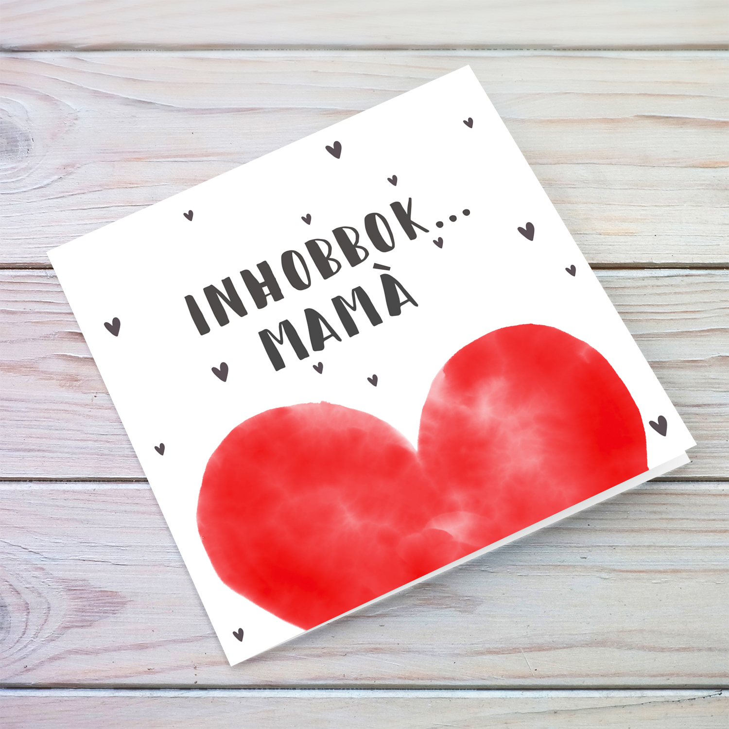 Red watercolour heart Mother's Day card in Maltese