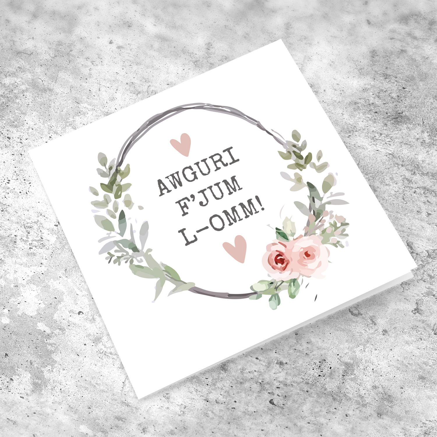 Cute floral wreath with pink flowers Mother's Day Card in Maltese