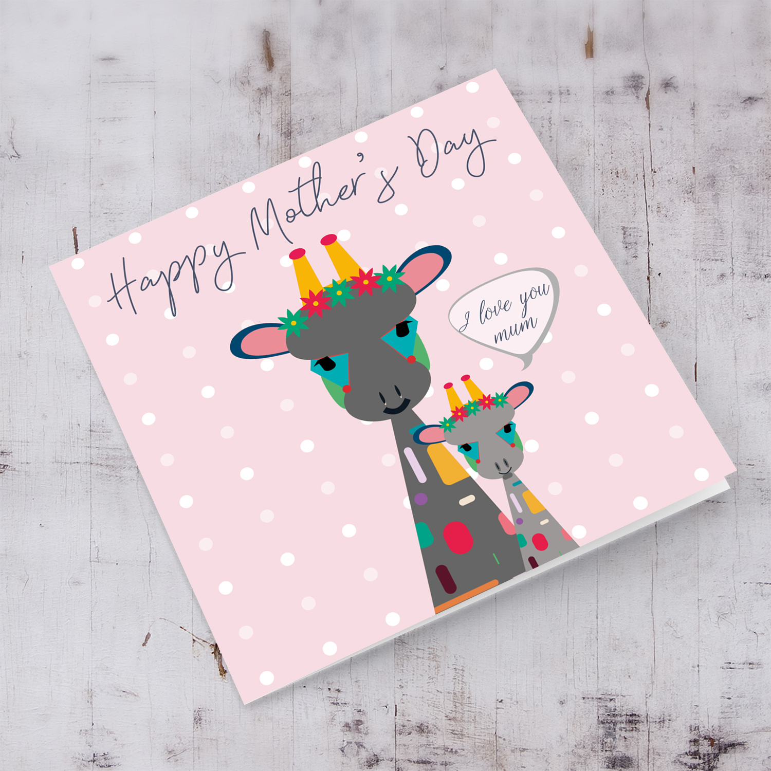 Giraffe themed mothers day card with pastel pink background in English