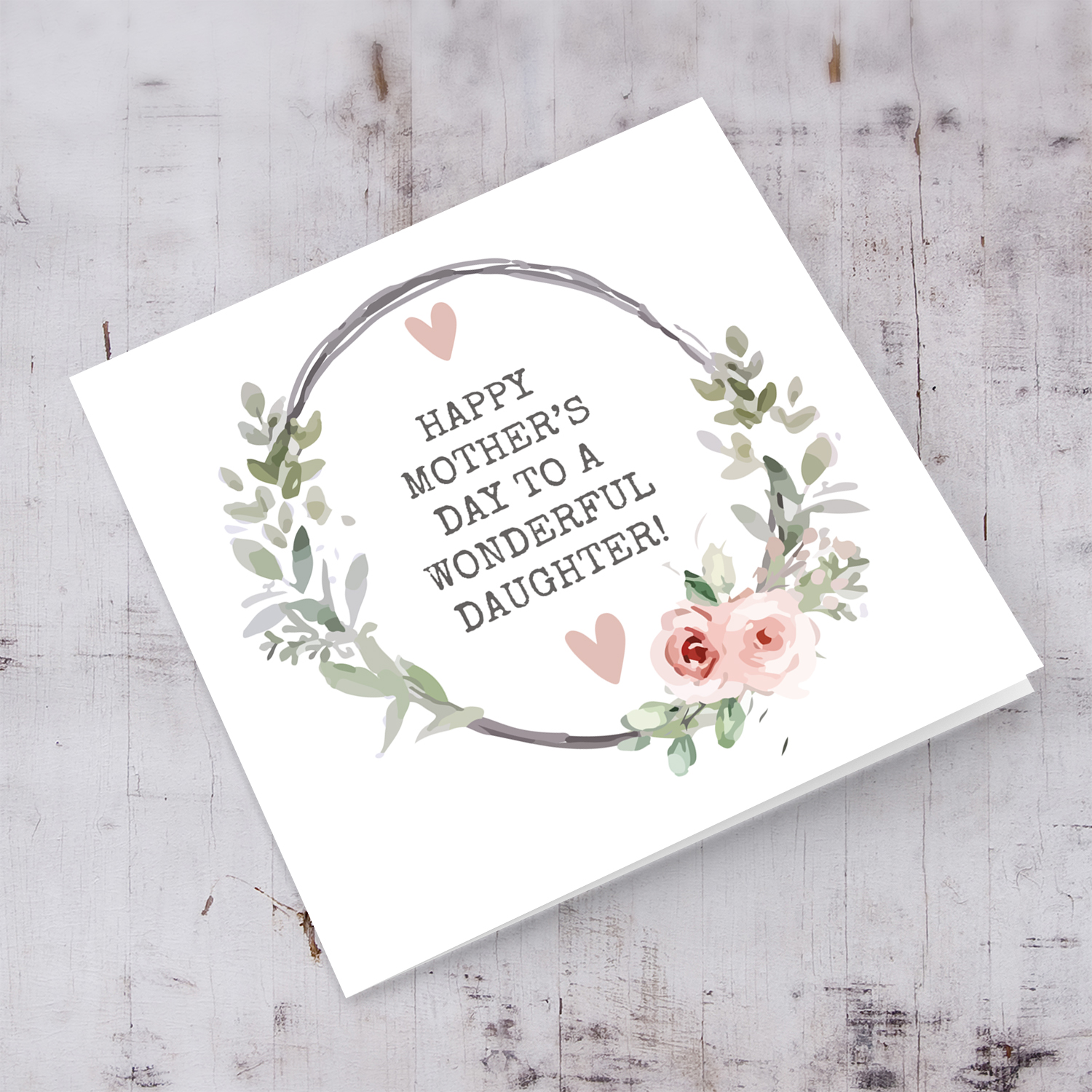 Daughter mother's day card with hearts and floral wreath