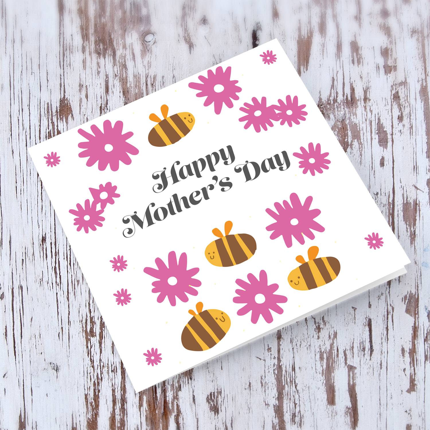 Cute bee themed mother's day card with scattered pink flowers in English
