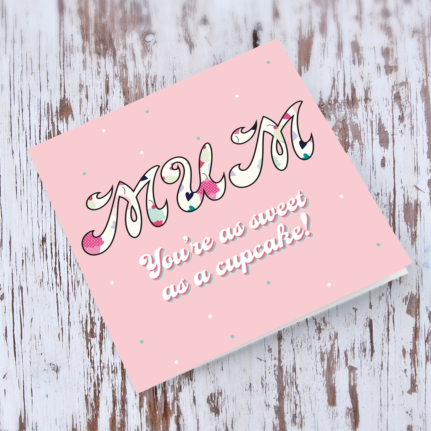 Cupcake MUM themed mother's day card with coloured dots and pink background in English