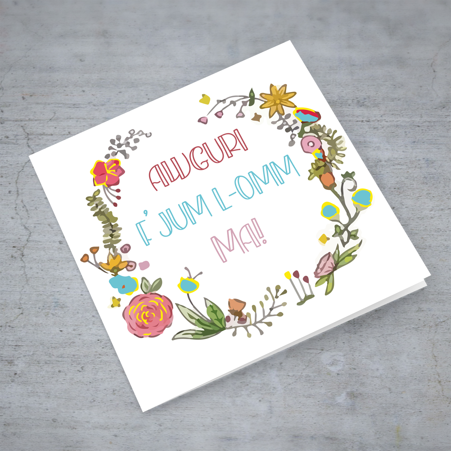 Colourful wreath with various flowers Mother's Day card for Mother in Maltese
