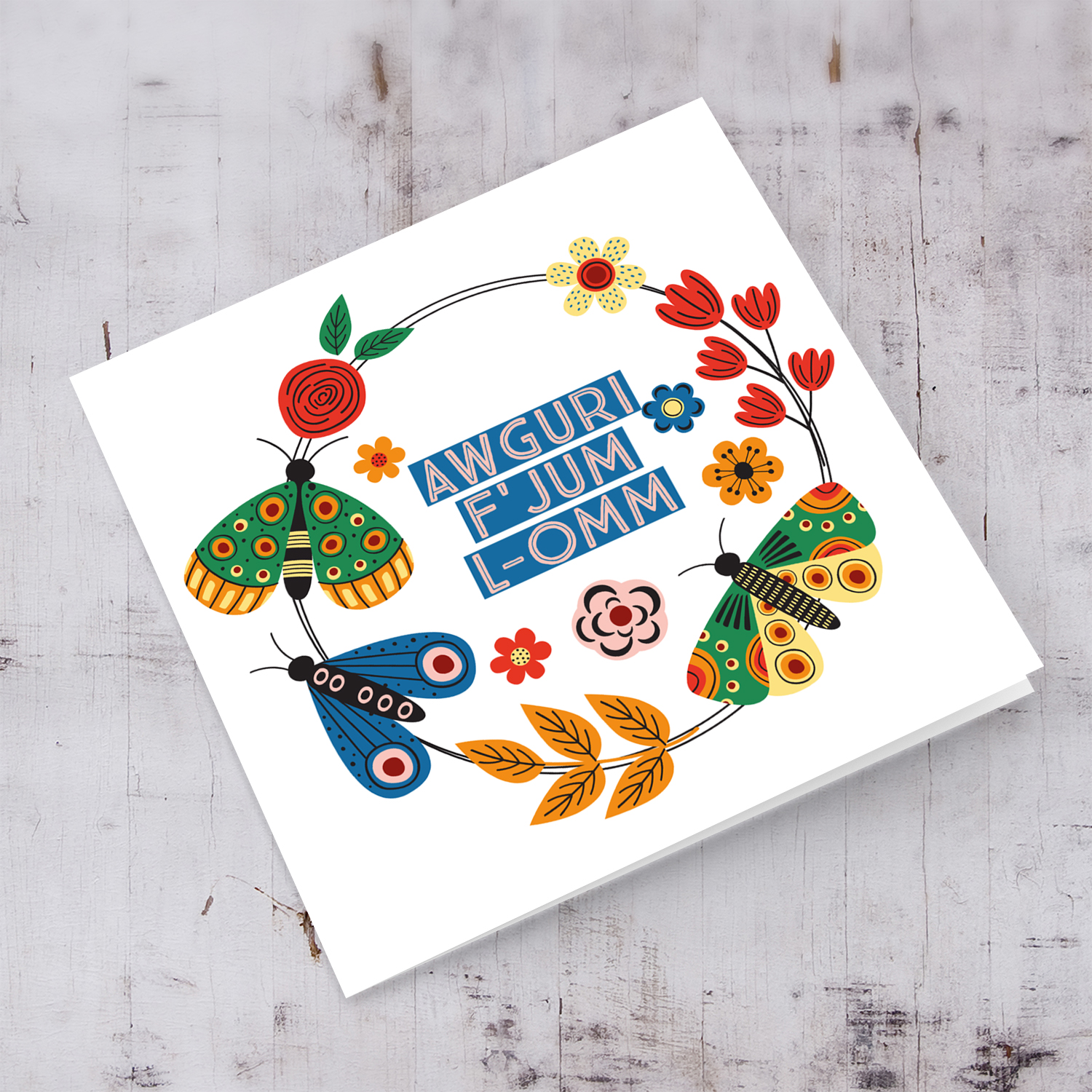 Bright colours butterfly and flowers themed Mother's day Card in Maltese 