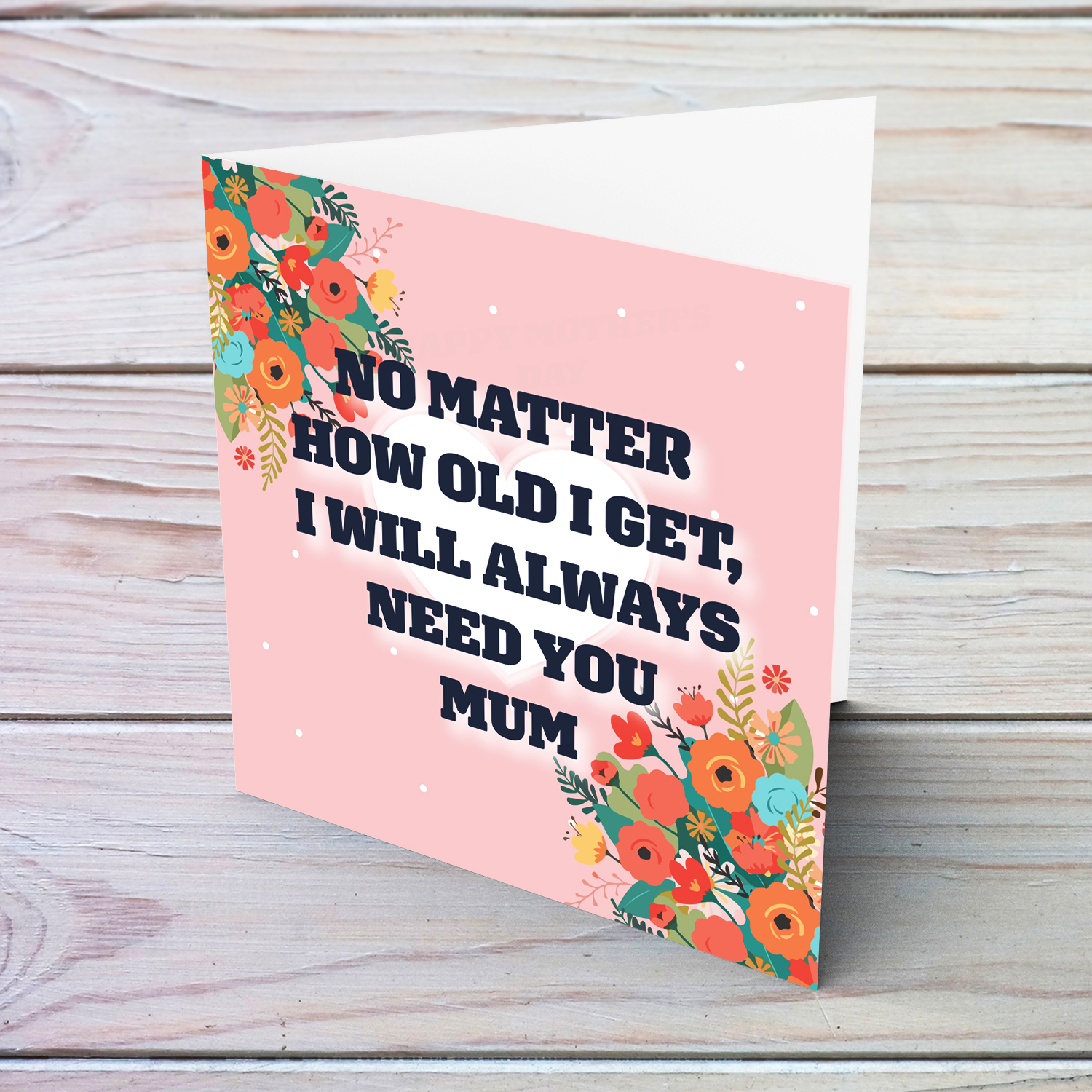 Beautiful Mother's Day card with a special message for your Mum in English (with pink background, white heart and florals)