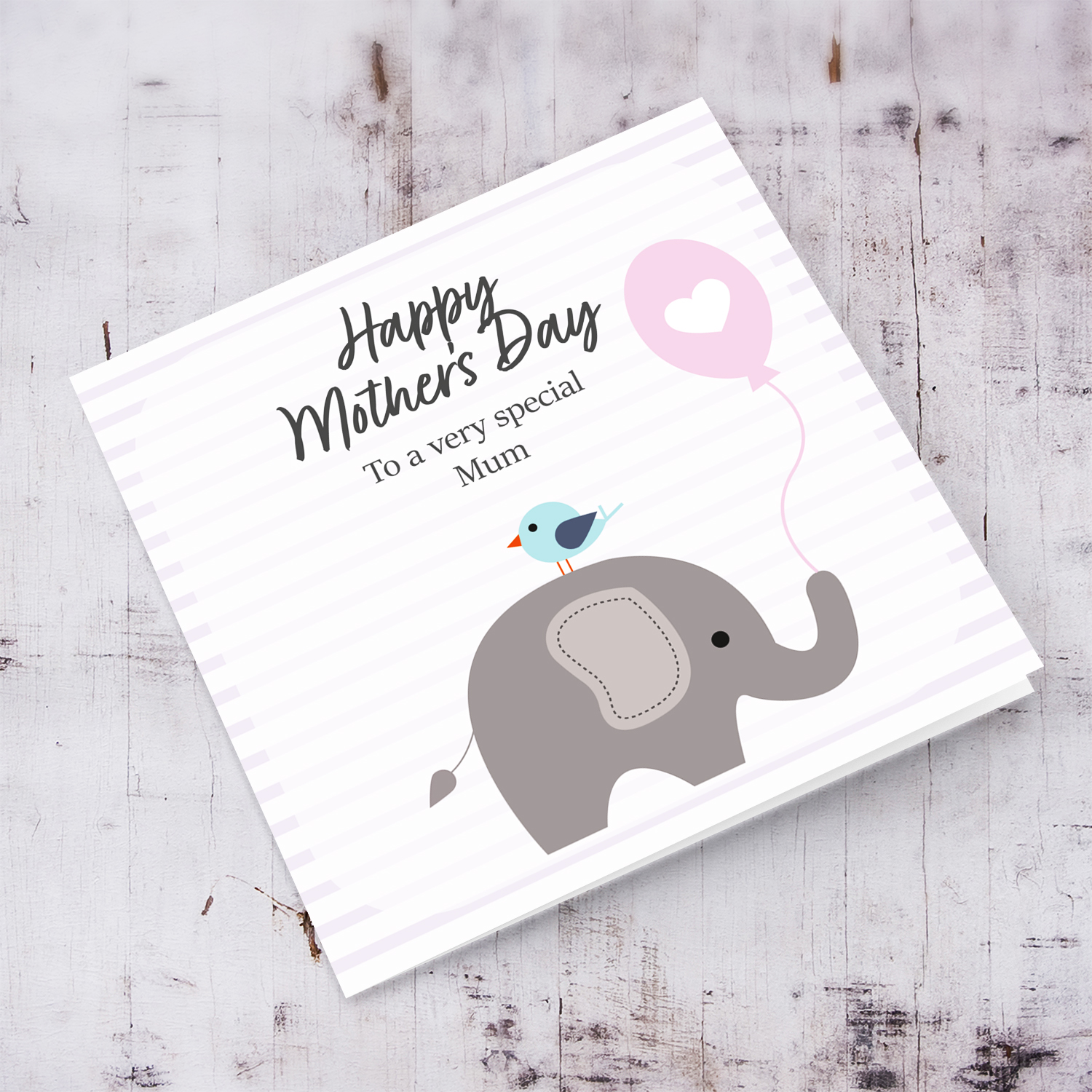 Cute elephant themed mother's day card with pink striped background in English